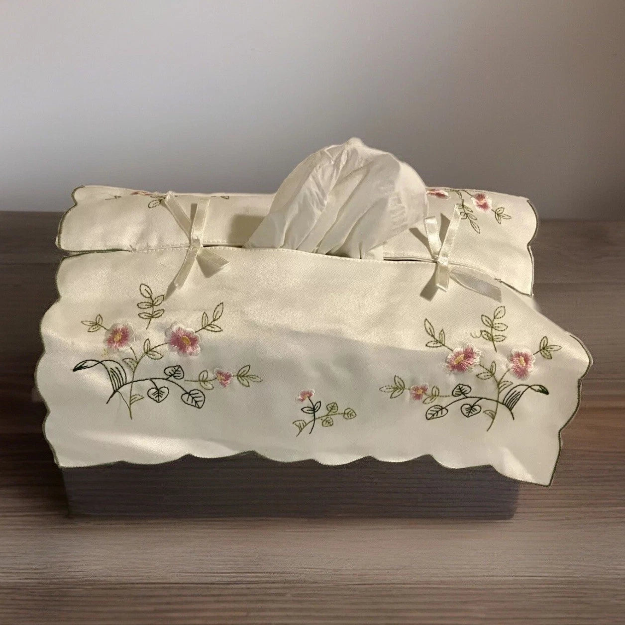 Vintage Tissue Box Cover White Embroidered Floral Design Shiny Silk Looking | eBay