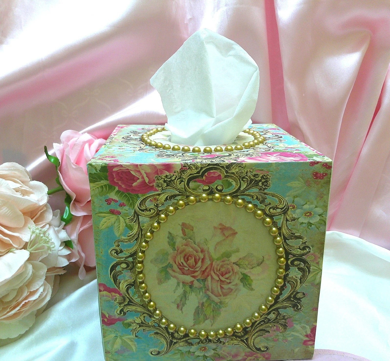 Shabby Chic Victorian Tissue Box Cover~Custom Design w/Gold Beaded Trim~Roses | eBay