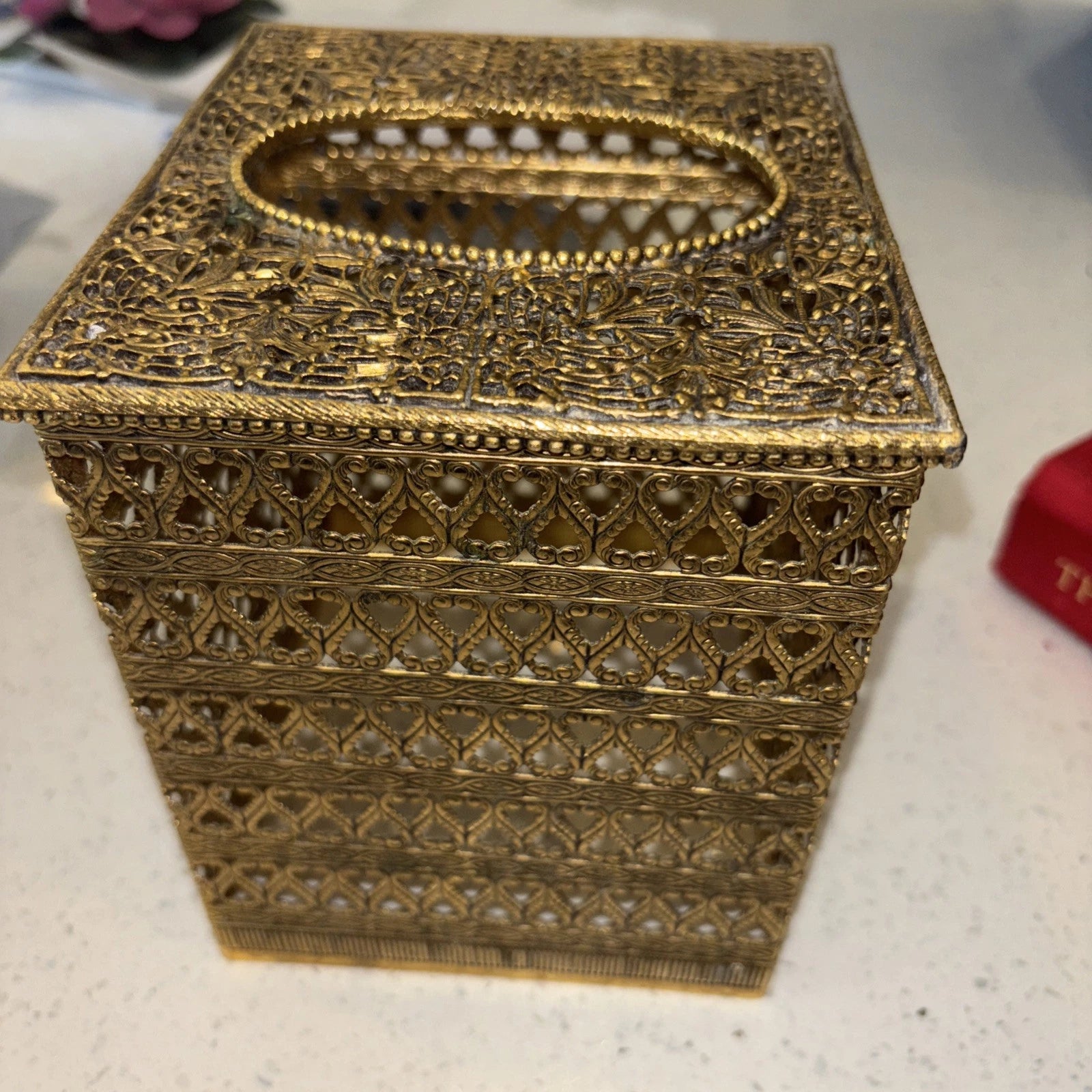 Vtg Ormolu Metal Filigree Square Tissue Box Holder Cover Hollywood Regency | eBay