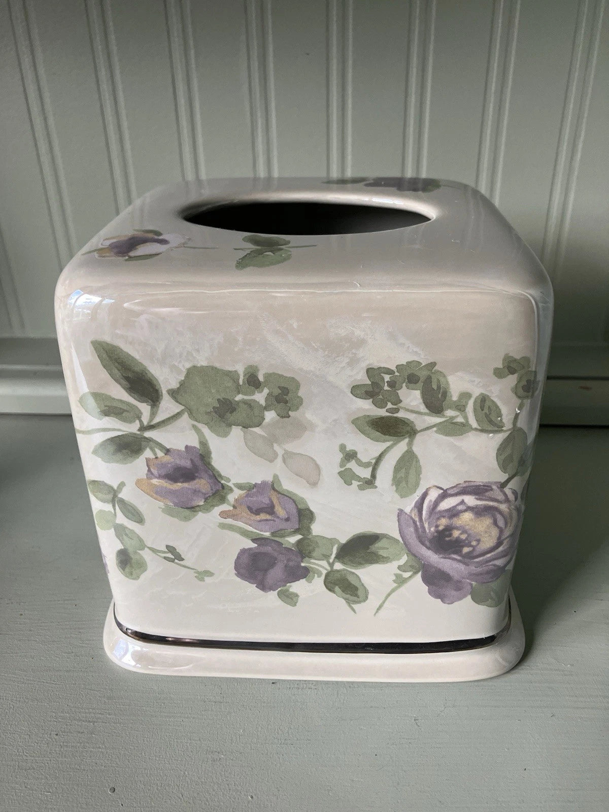 WAMSUTTA Lenox Ceramic Pearlized Taupe W/Purple Luster Roses Tissue Box Cover | eBay