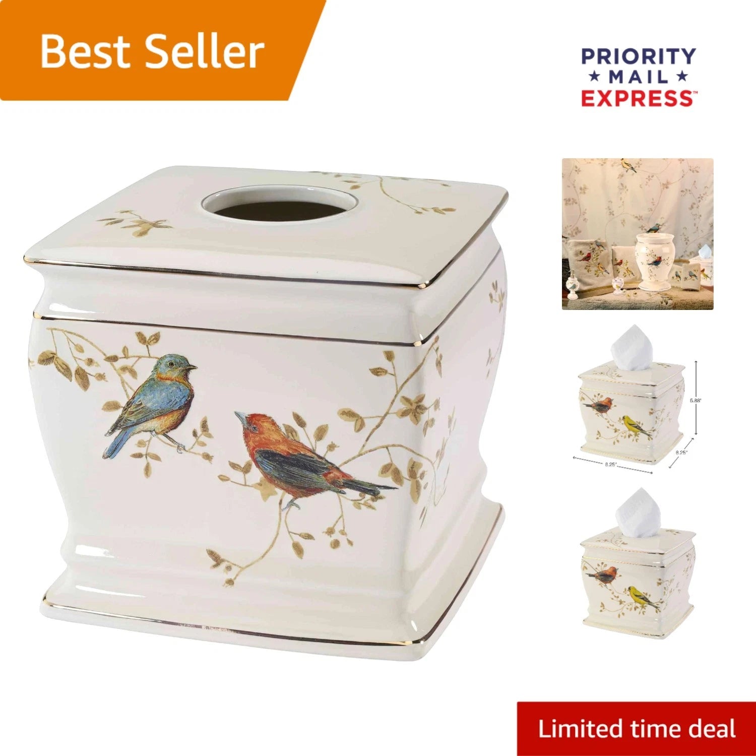 Elegant Gilded Birds Ivory Ceramic Tissue Box Cover for Nature-Inspired Decor | eBay