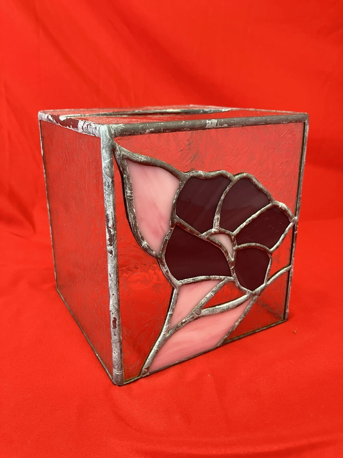 Vintage Leaded Stained Glass Tissue Box Cover / Pink Flower / Handmade 5” | eBay
