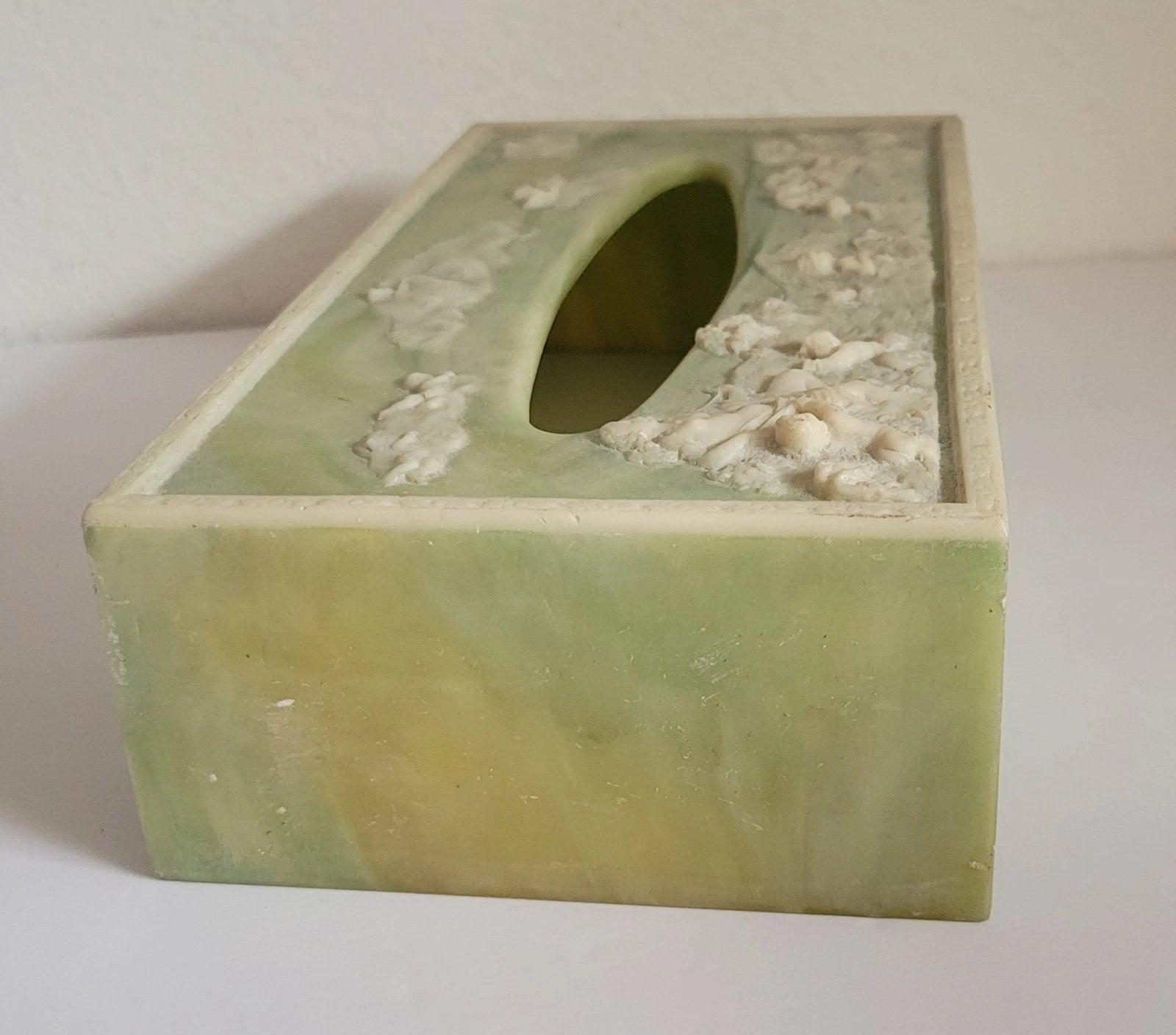 Vintage Tissue Box Cover Green With White Raised Details Incolay Stone Cherubs | eBay
