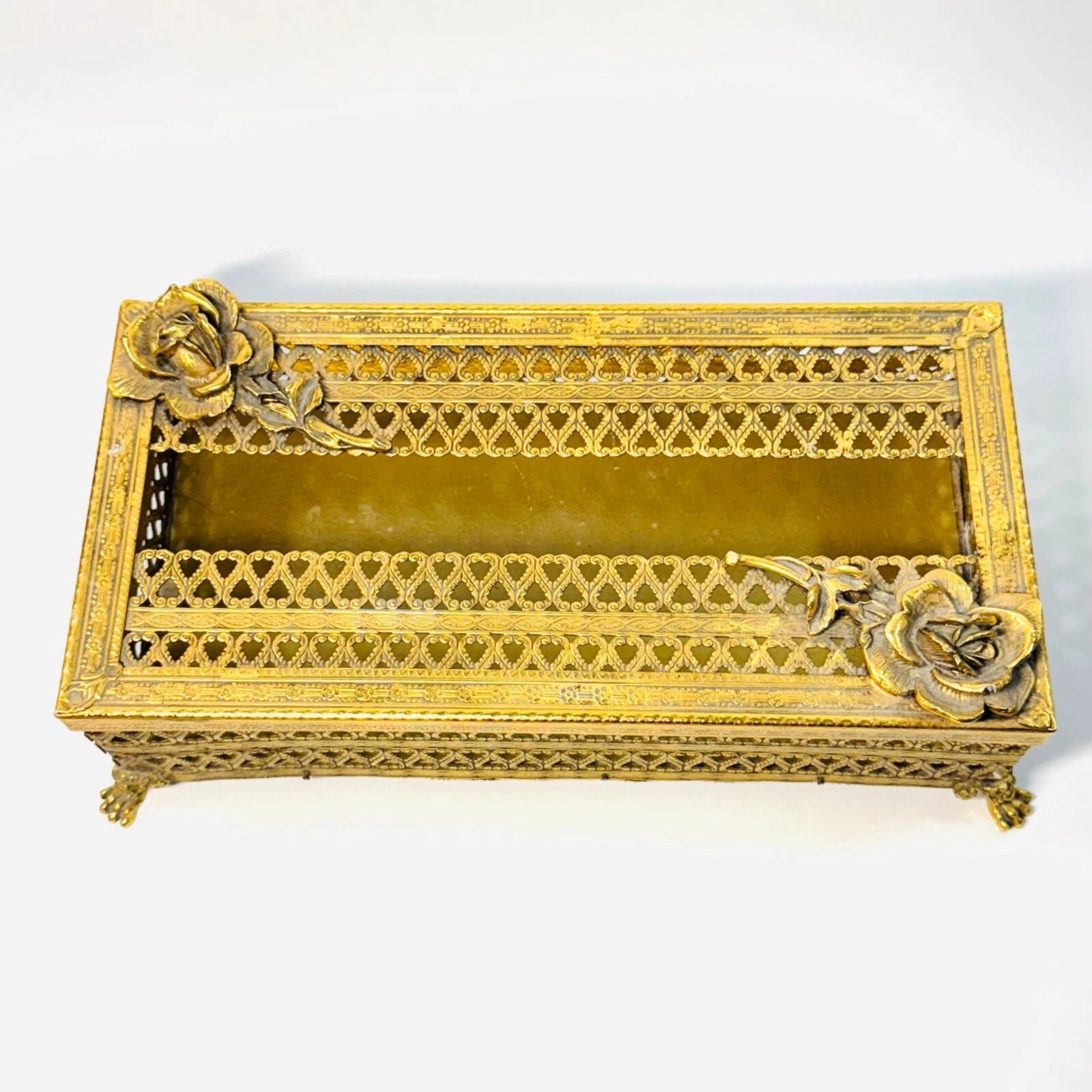 Vintage Gold Ormolu Filigree Metal Tissue Box Holder Roses Clawfoot | eBay