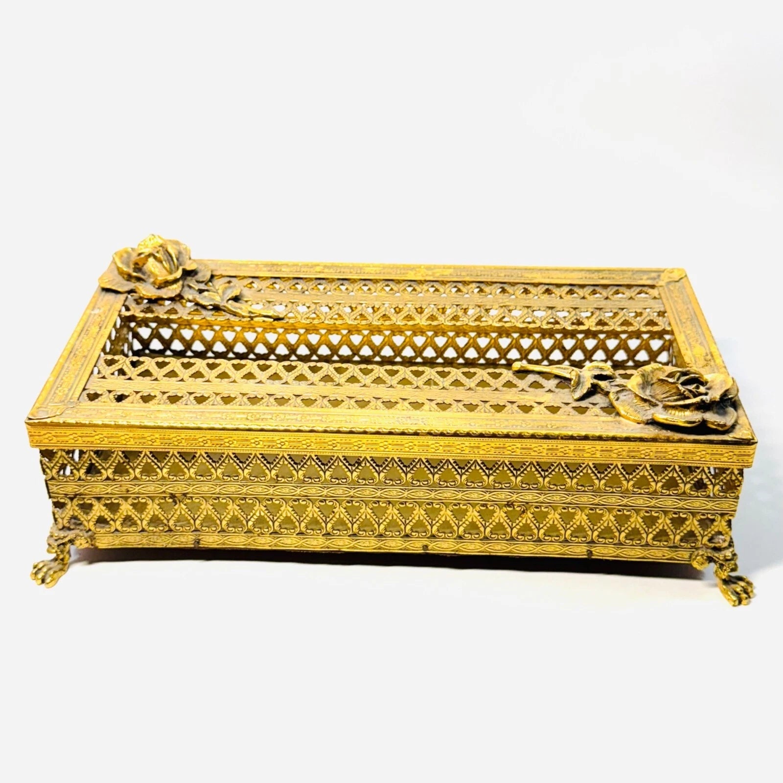 Vintage Gold Ormolu Filigree Metal Tissue Box Holder Roses Clawfoot | eBay