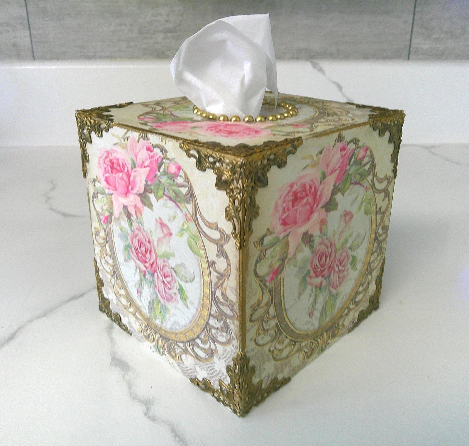 Shabby Chic Victorian Tissue Box Cover~Custom Design w/Filigree Accents~Roses | eBay