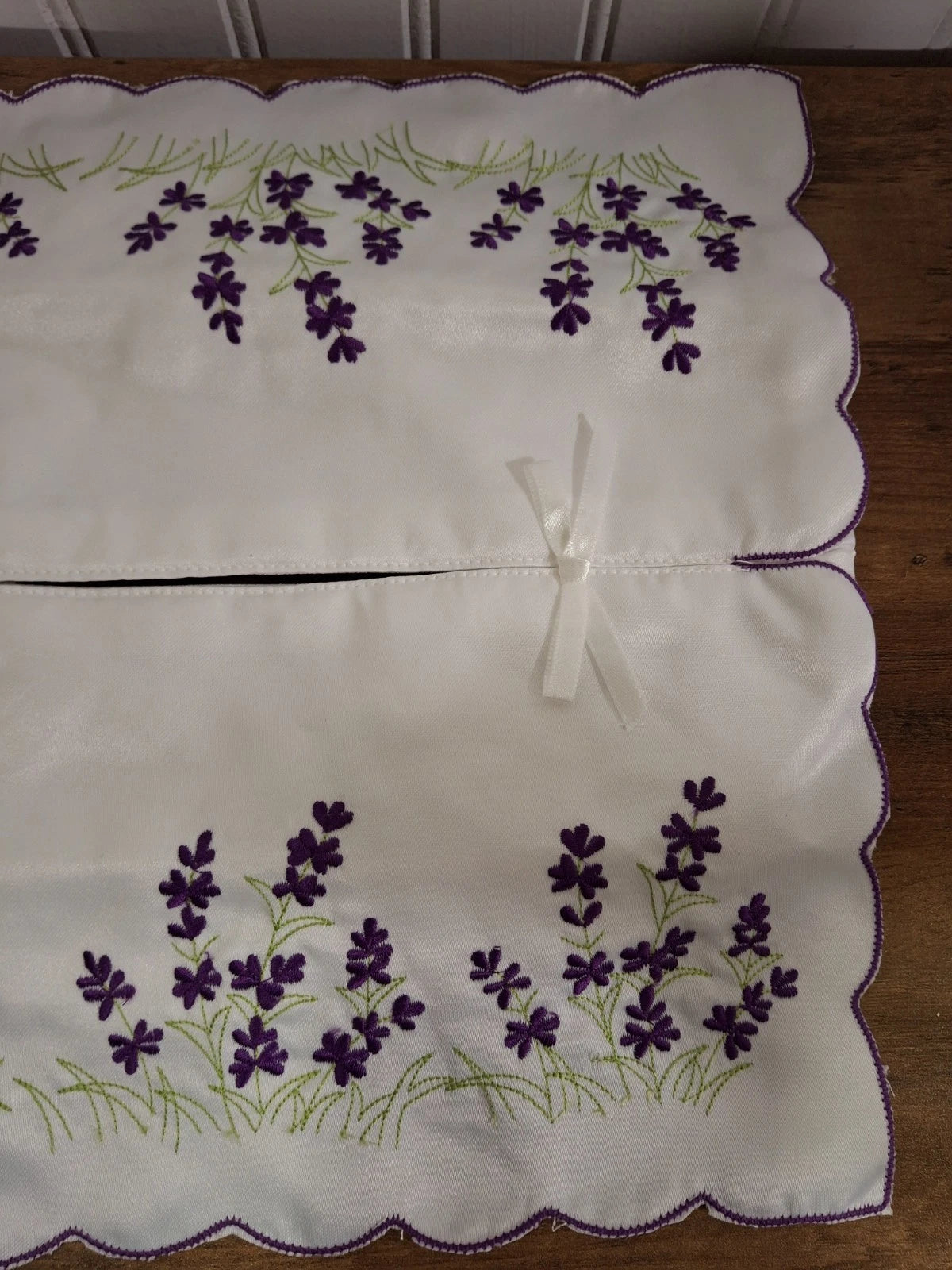 Vintage Handmade Tissue Box Cover Embroidered Purple Flowers White Satin Granny | eBay