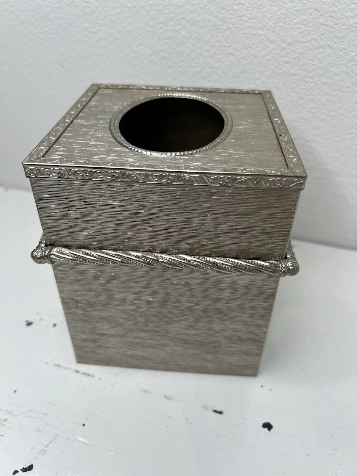 Vintage Silver Tone Tissue Box Cover Ornate Scroll & Rope Bow Mixed Metal | eBay