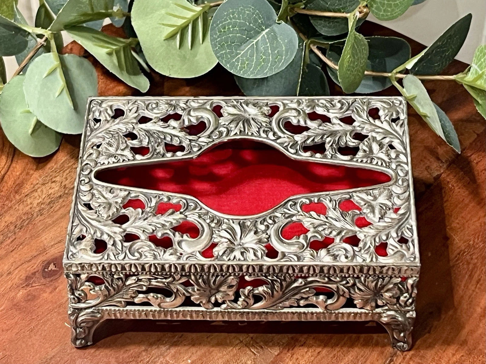 VTG Small Footed Pocket Tissue Holder Box Ornate Silver Tone Hollywood Regency | eBay