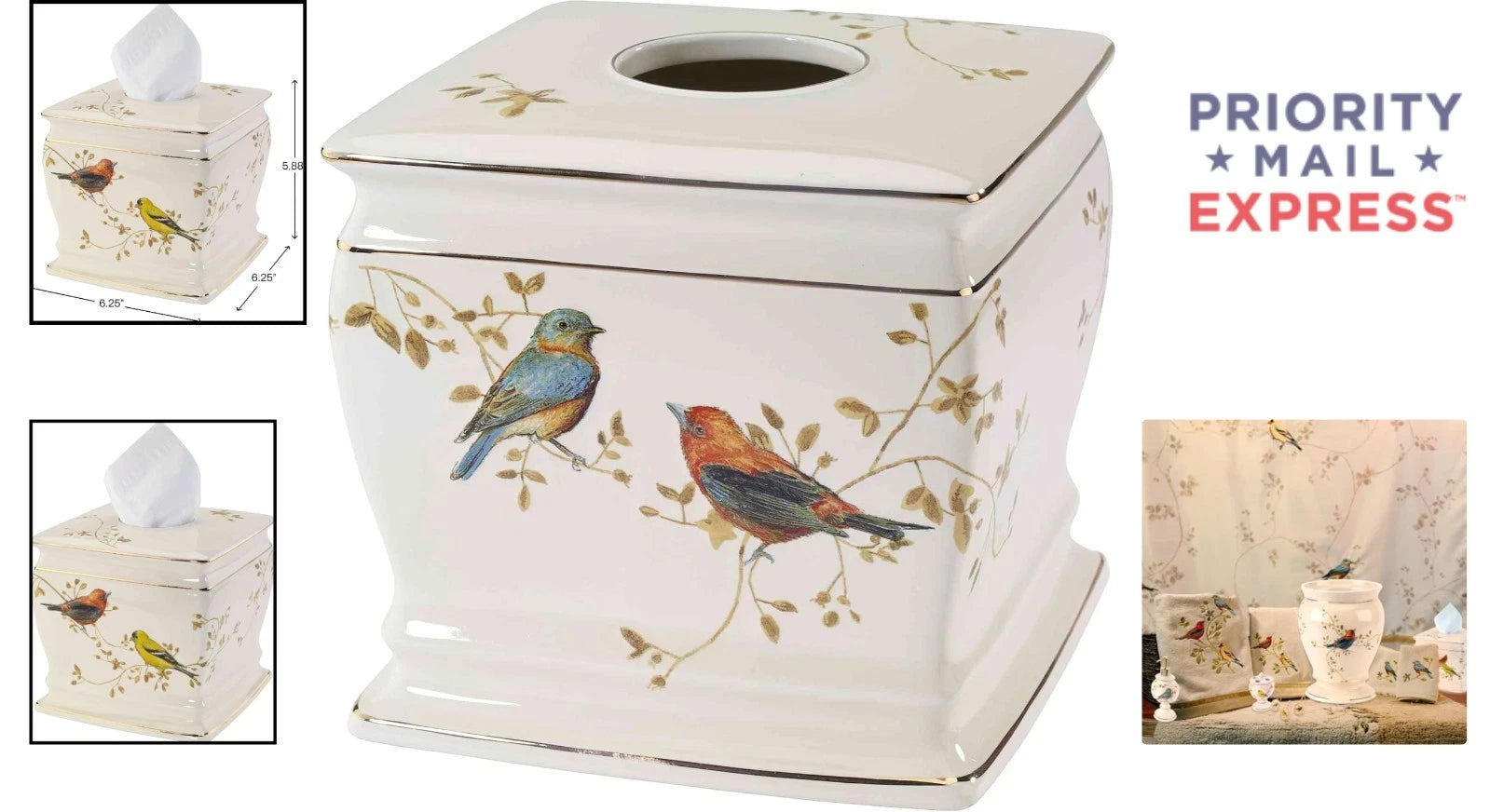 Elegant Gilded Birds Ivory Ceramic Tissue Box Cover for Nature-Inspired Decor | eBay