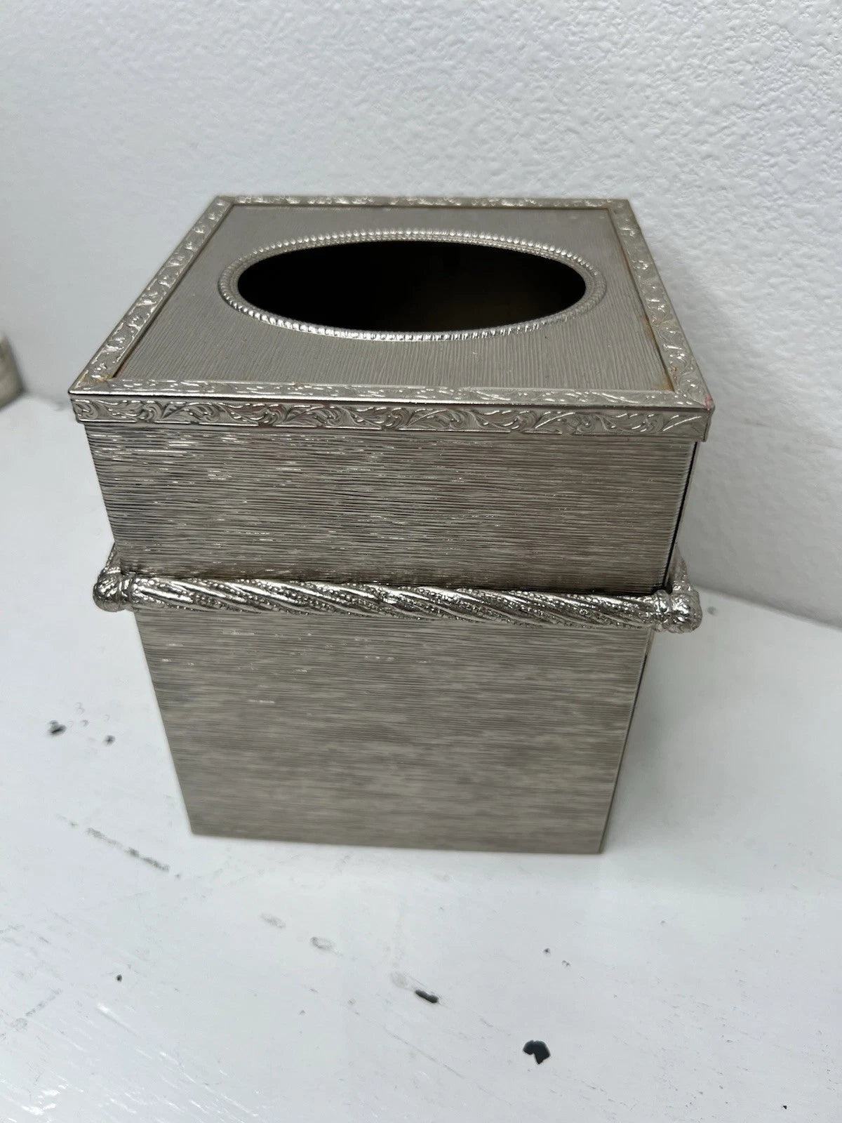 Vintage Silver Tone Tissue Box Cover Ornate Scroll & Rope Bow Mixed Metal | eBay