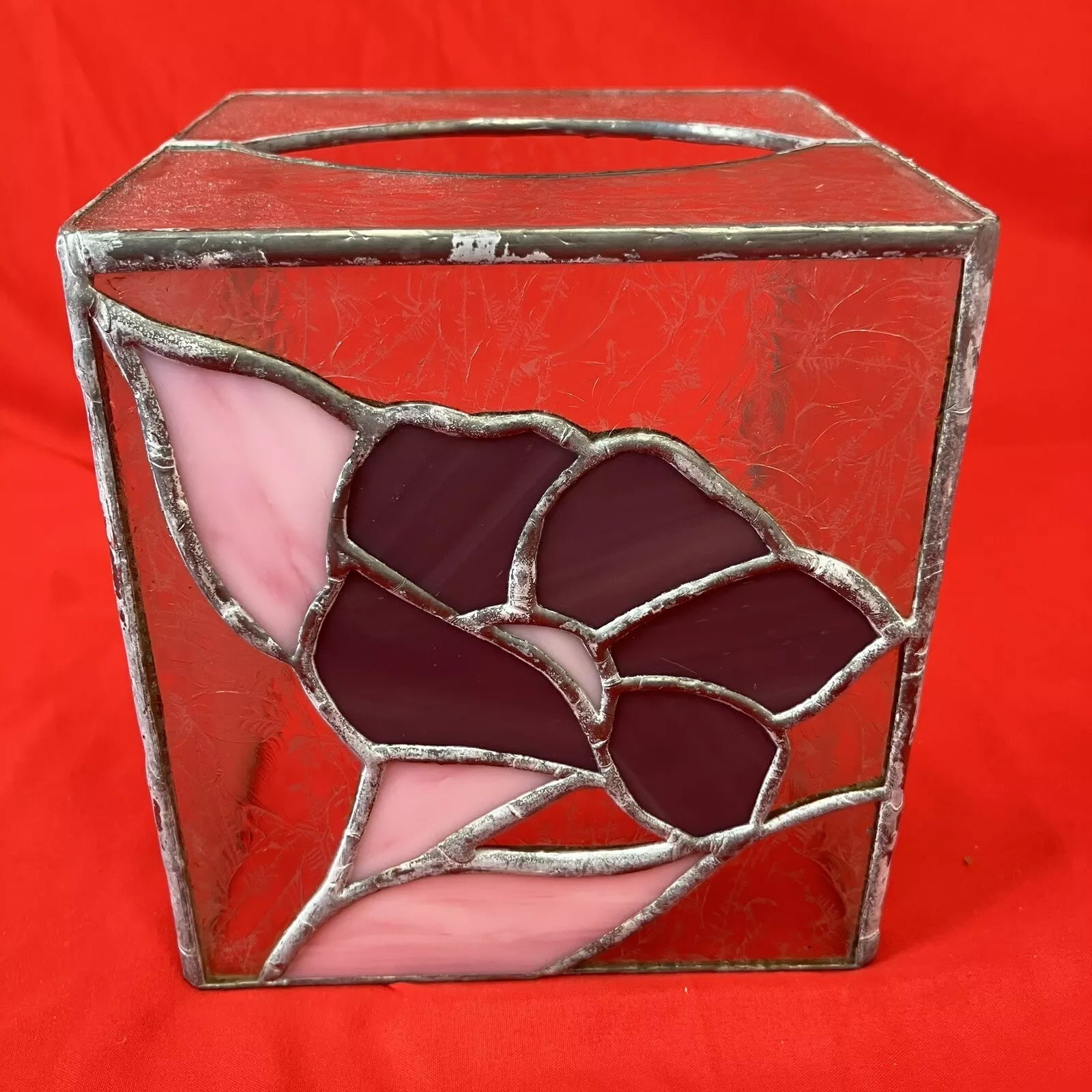 Vintage Leaded Stained Glass Tissue Box Cover / Pink Flower / Handmade 5” | eBay