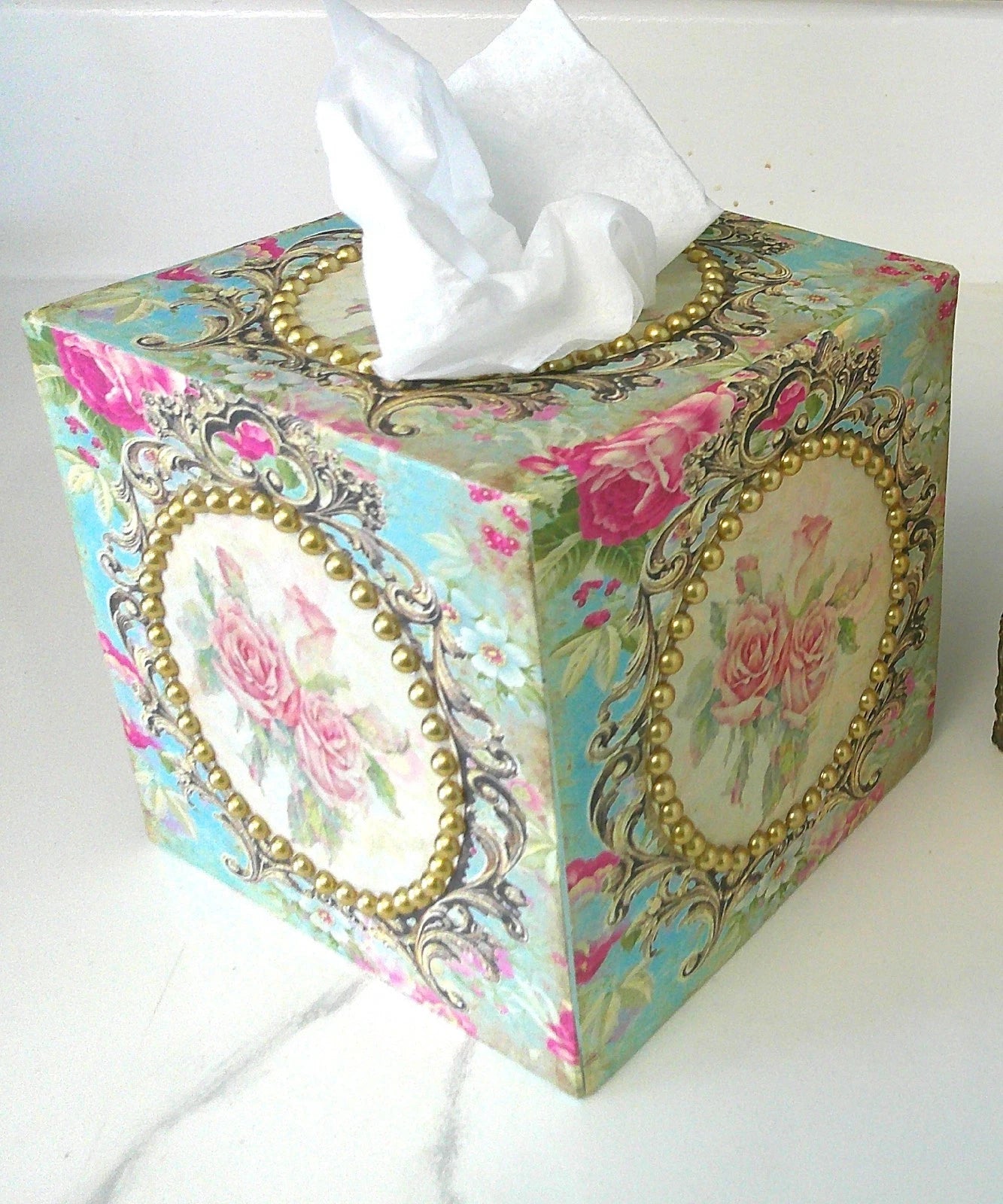 Shabby Chic Victorian Tissue Box Cover~Custom Design w/Gold Beaded Trim~Roses | eBay