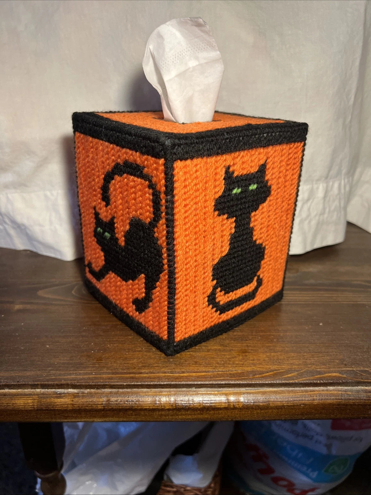 Handmade Needlepoint Halloween Black Cat Boutique Tissue Box Cover New | eBay