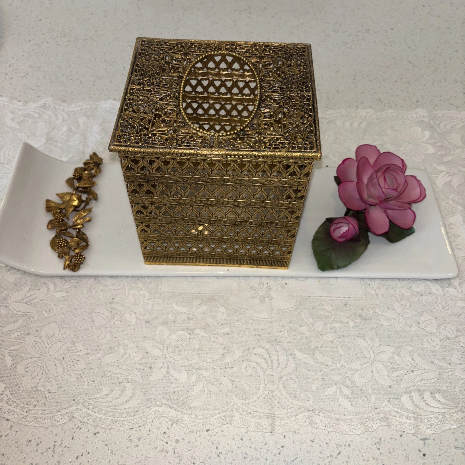 Vtg Ormolu Metal Filigree Square Tissue Box Holder Cover Hollywood Regency | eBay