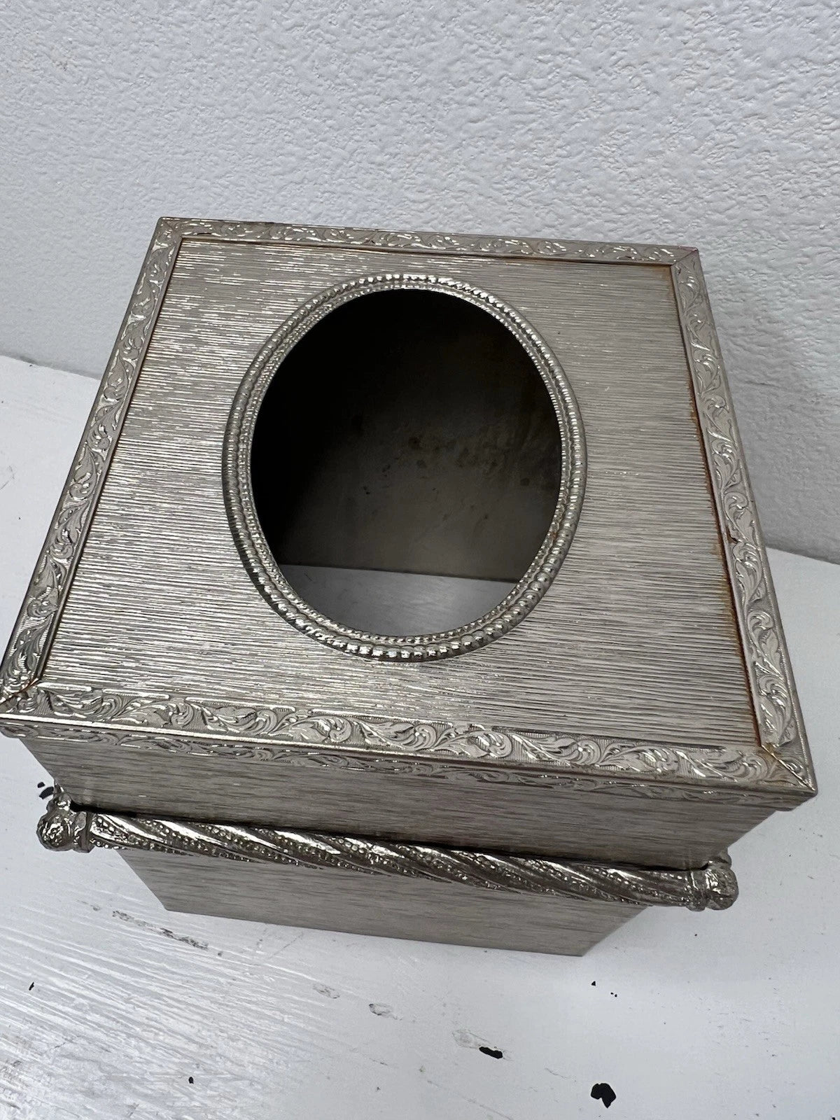 Vintage Silver Tone Tissue Box Cover Ornate Scroll & Rope Bow Mixed Metal | eBay