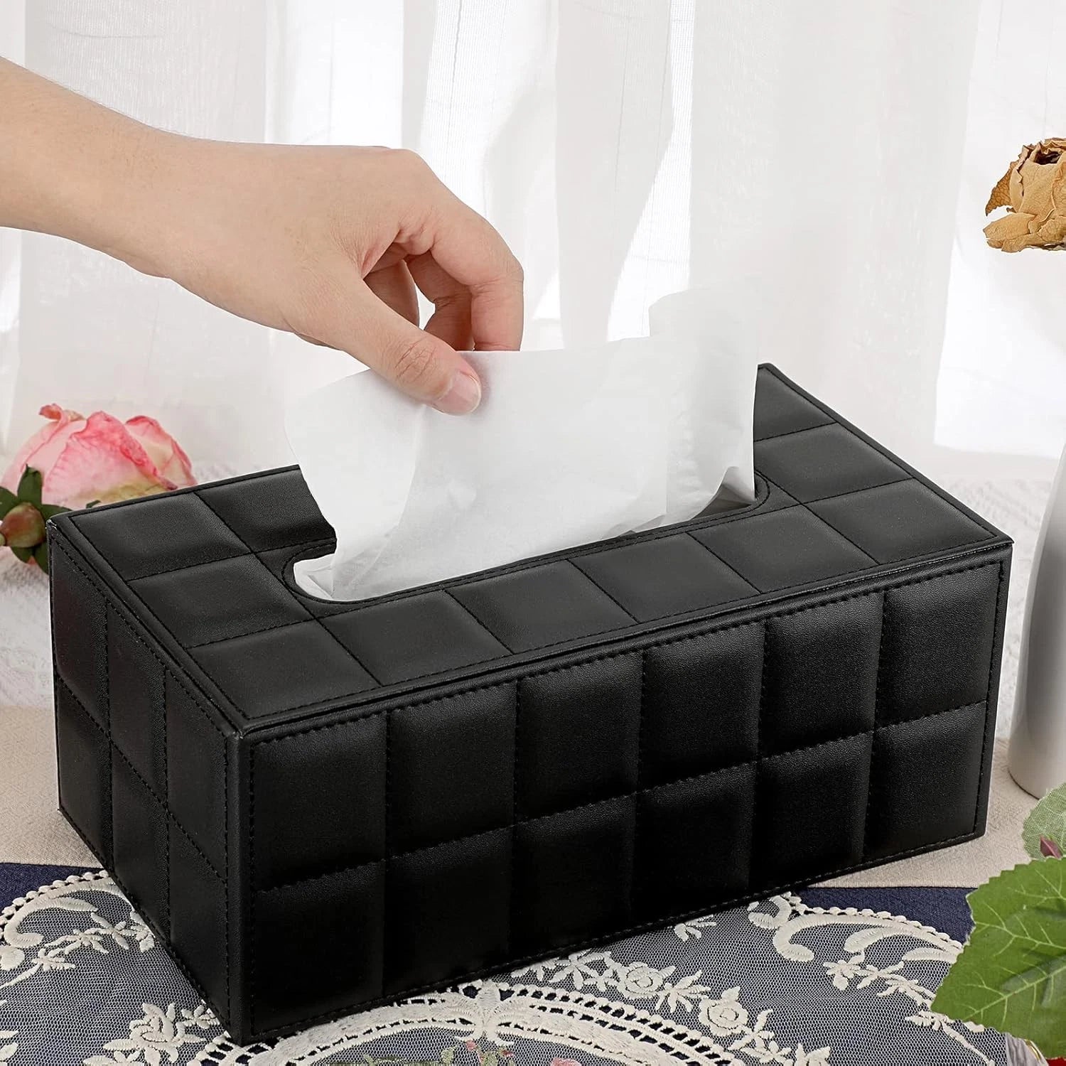 Sumnacon Rectangular Leather Tissue Box Cover - Medium, Black With Grid | eBay