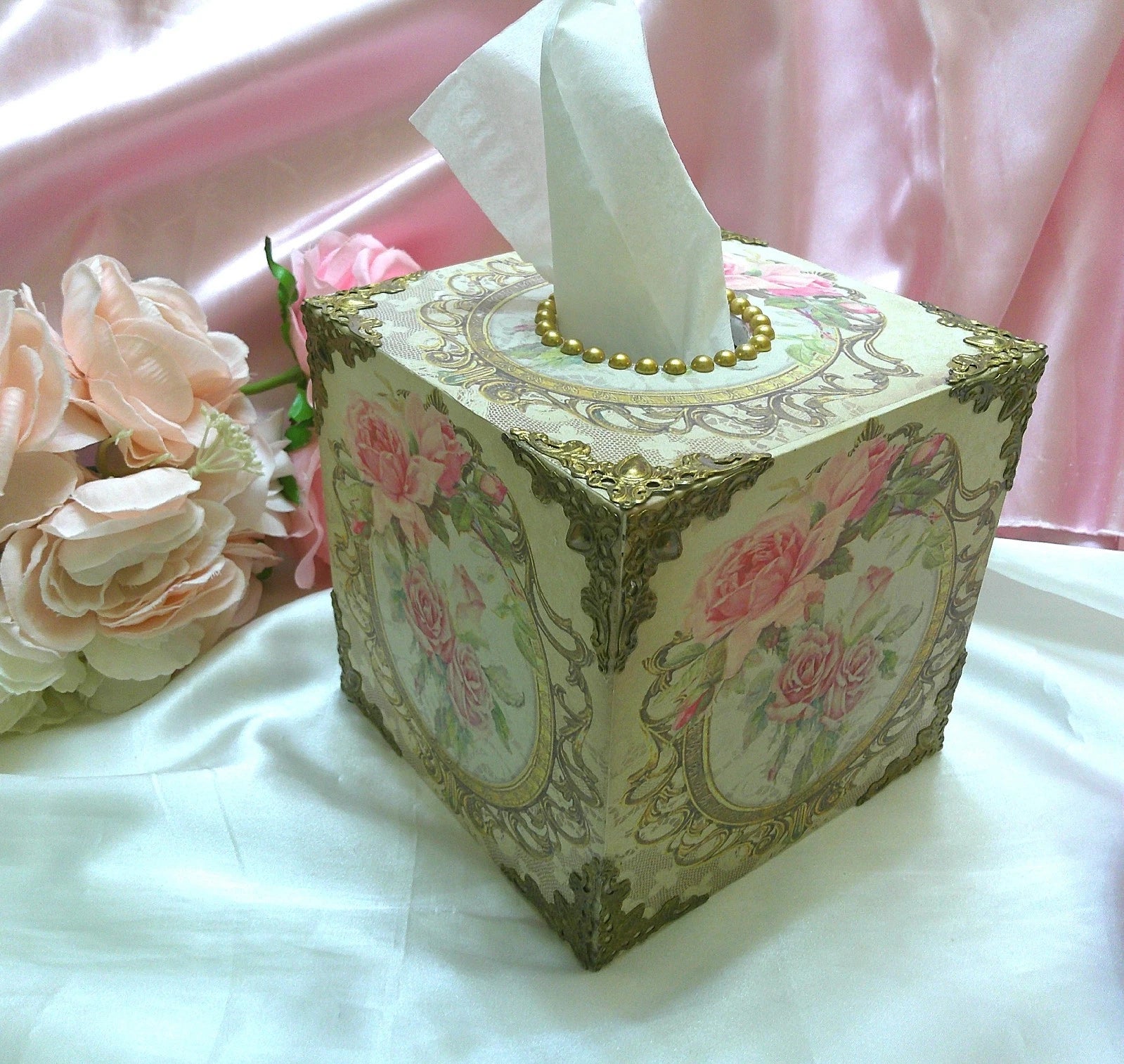 Shabby Chic Victorian Tissue Box Cover~Custom Design w/Filigree Accents~Roses | eBay
