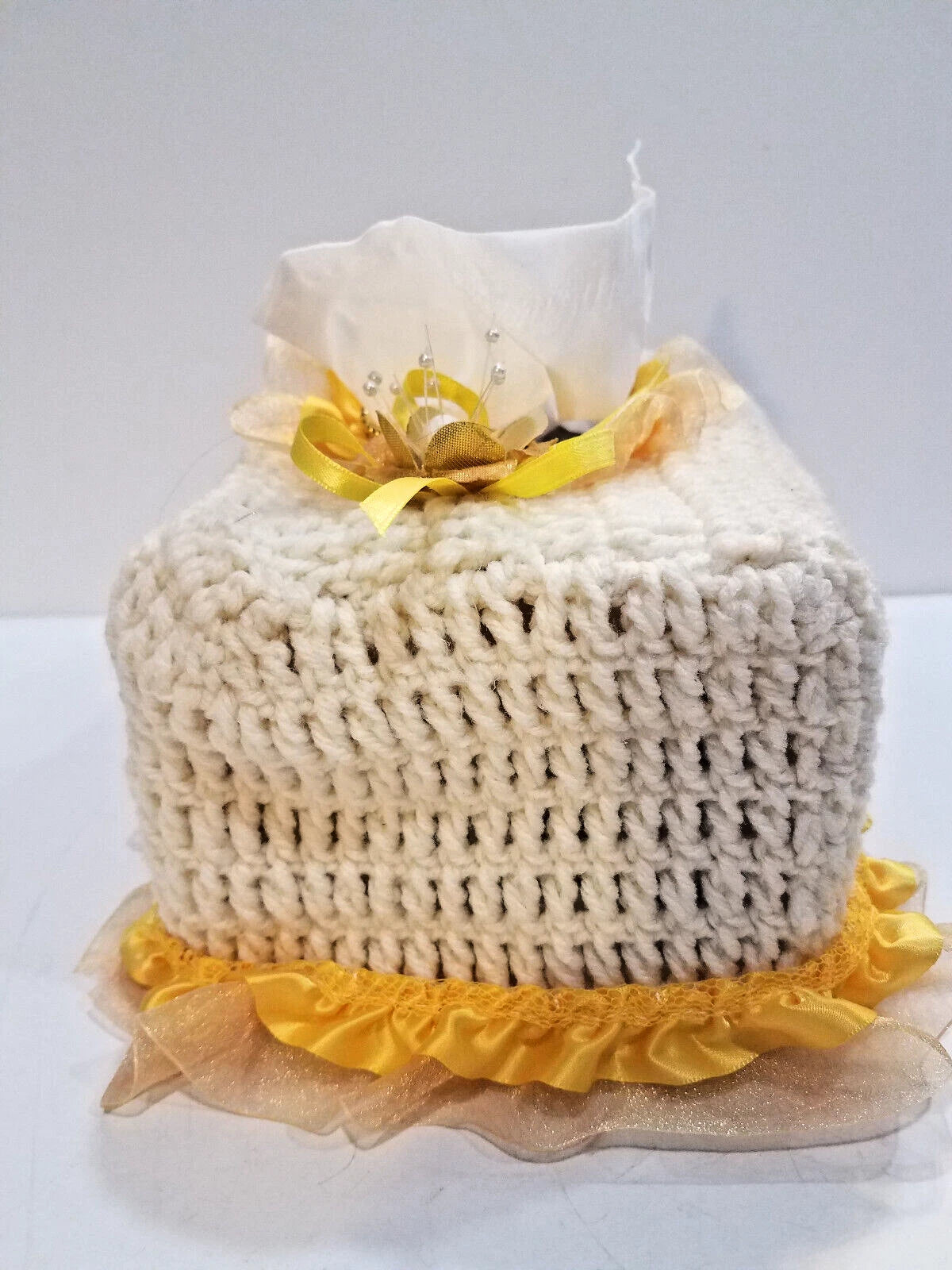 Rectangular Tissue Box Cover Cream & Yellow Crochet with Ribbons Lace & Beads | eBay