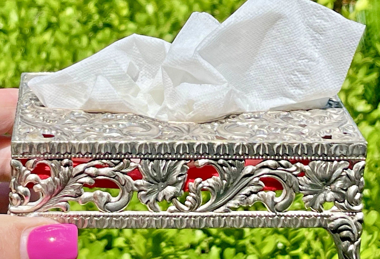 VTG Small Footed Pocket Tissue Holder Box Ornate Silver Tone Hollywood Regency | eBay
