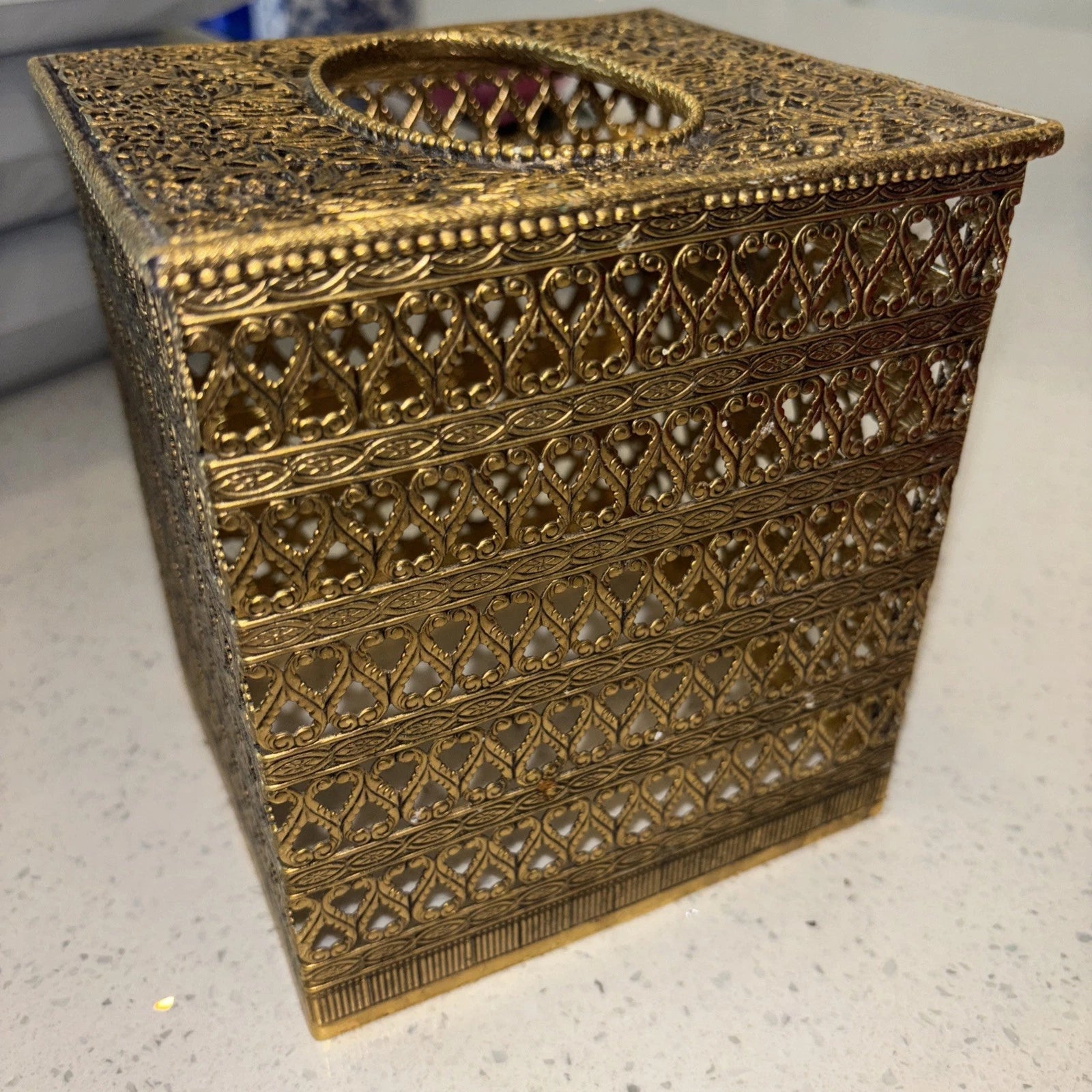 Vtg Ormolu Metal Filigree Square Tissue Box Holder Cover Hollywood Regency | eBay