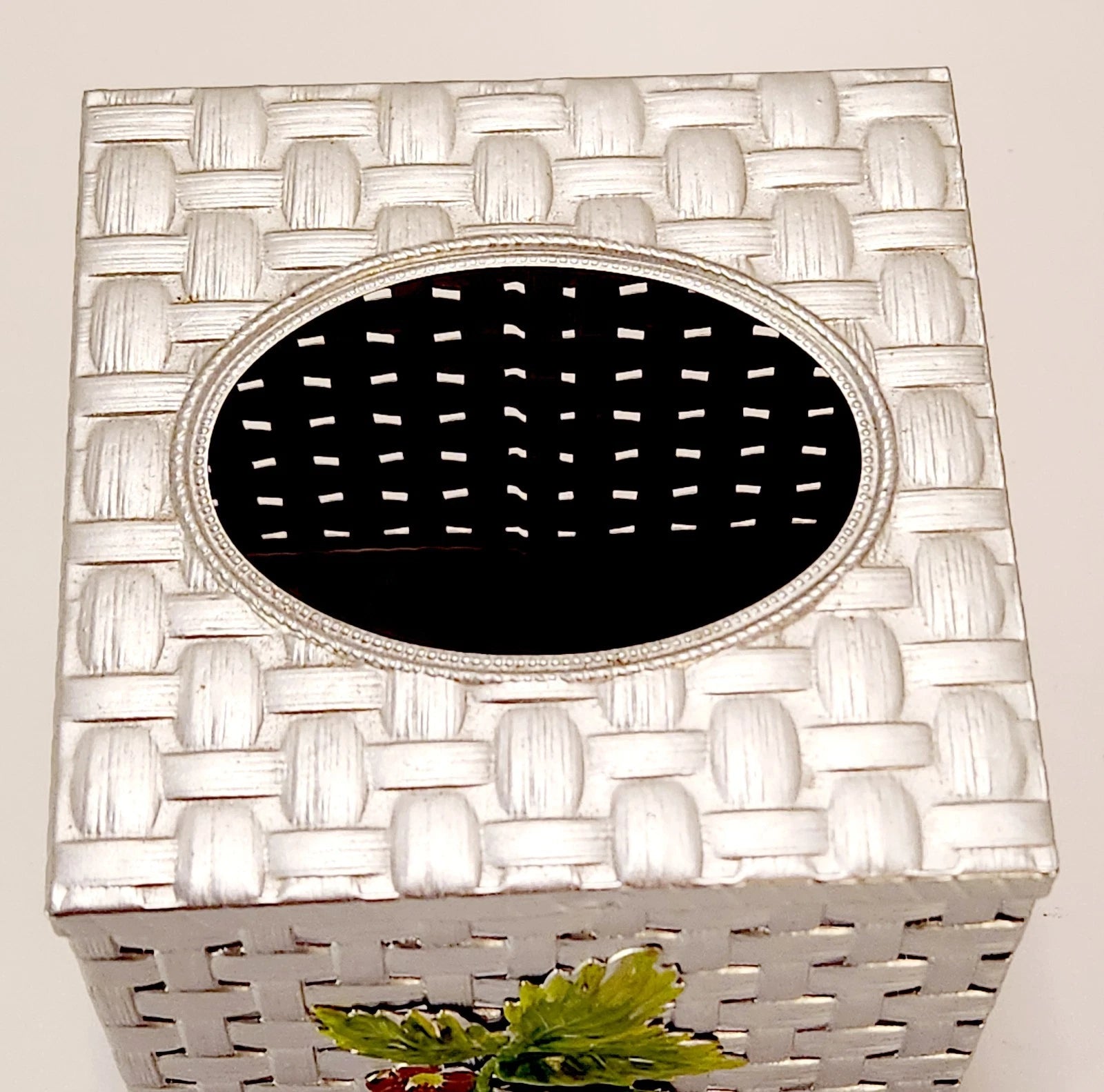 VTG Tissue Box Cover Square Silver Woven Metal Painted Strawberries Cottagecore | eBay