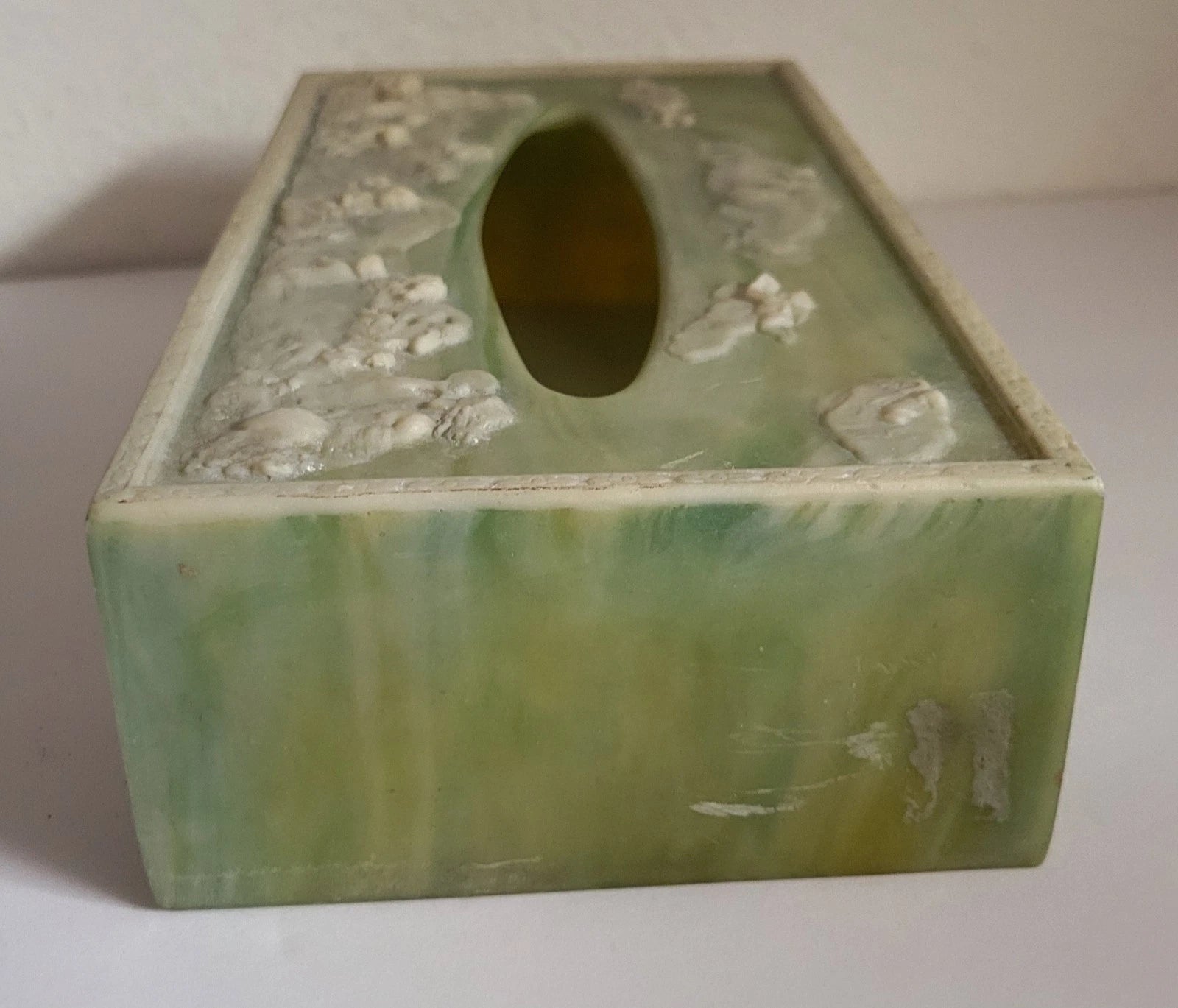 Vintage Tissue Box Cover Green With White Raised Details Incolay Stone Cherubs | eBay