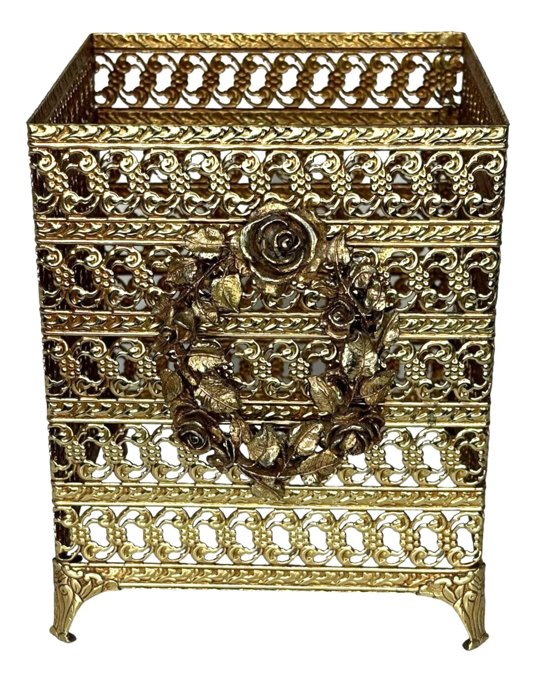 Hollywood Regency Gold Metal Filigree Rose Embellishment Tissue Box Cover Square | eBay