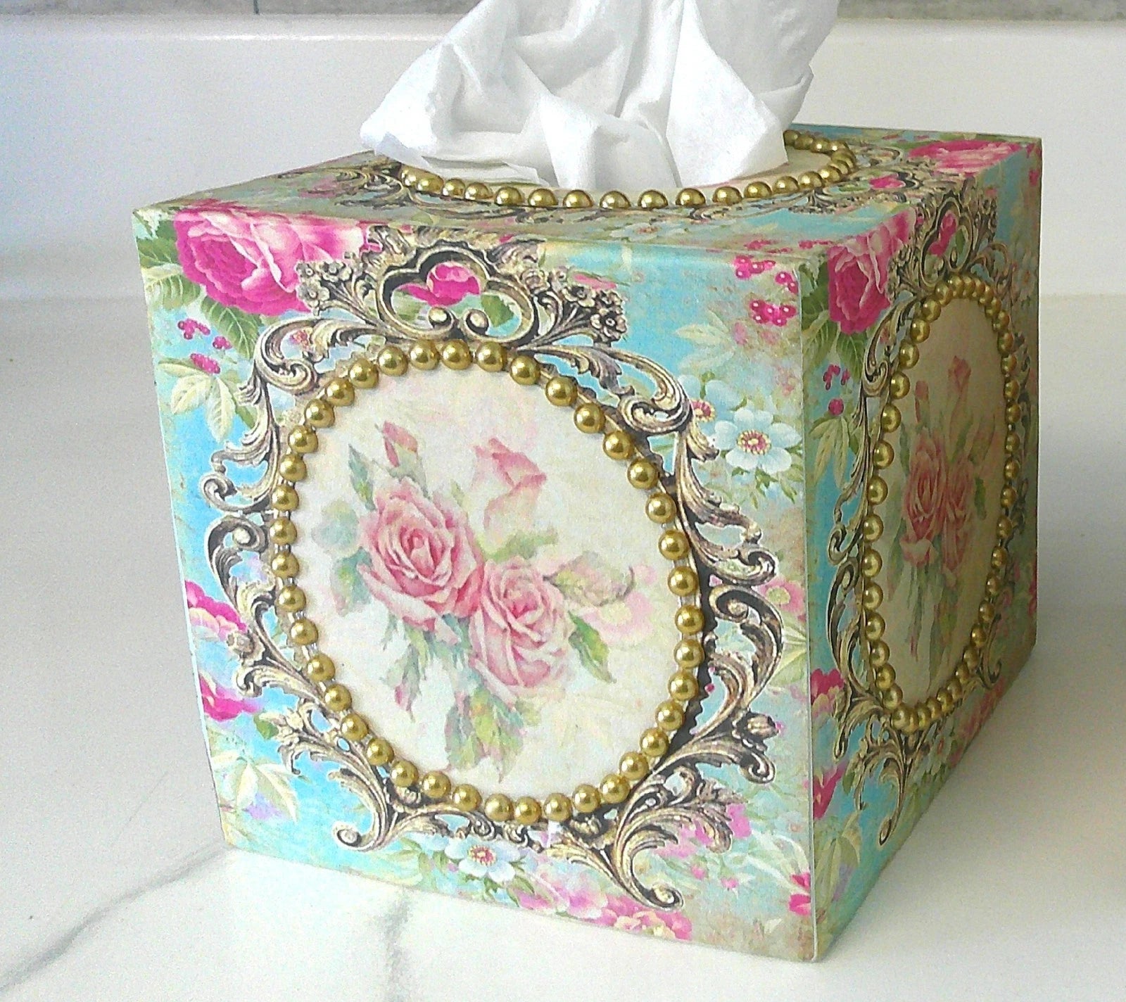 Shabby Chic Victorian Tissue Box Cover~Custom Design w/Gold Beaded Trim~Roses | eBay