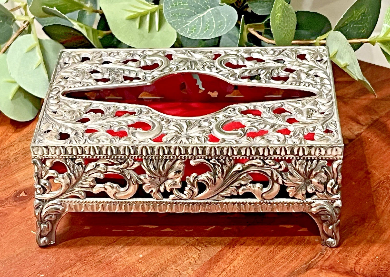VTG Small Footed Pocket Tissue Holder Box Ornate Silver Tone Hollywood Regency | eBay
