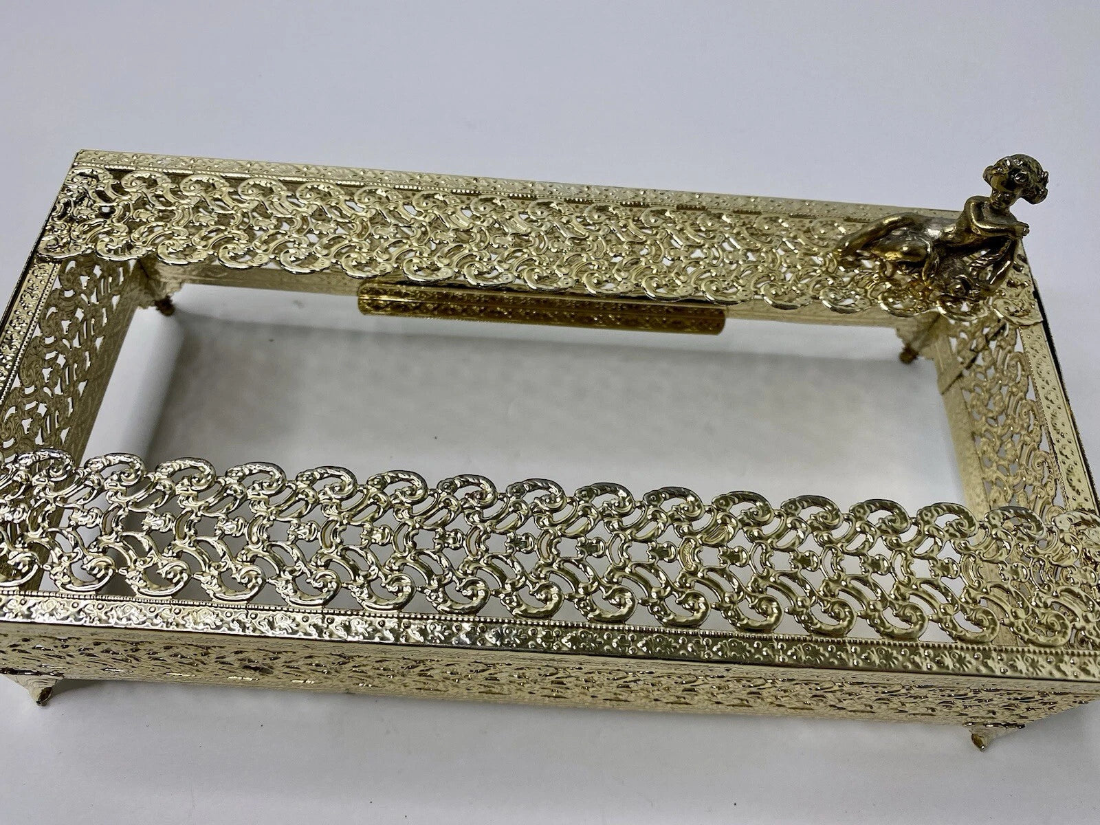 Gold Tone Filigree Metal Tissue Box Holder Cover Cherub Vintage Home Decor | eBay