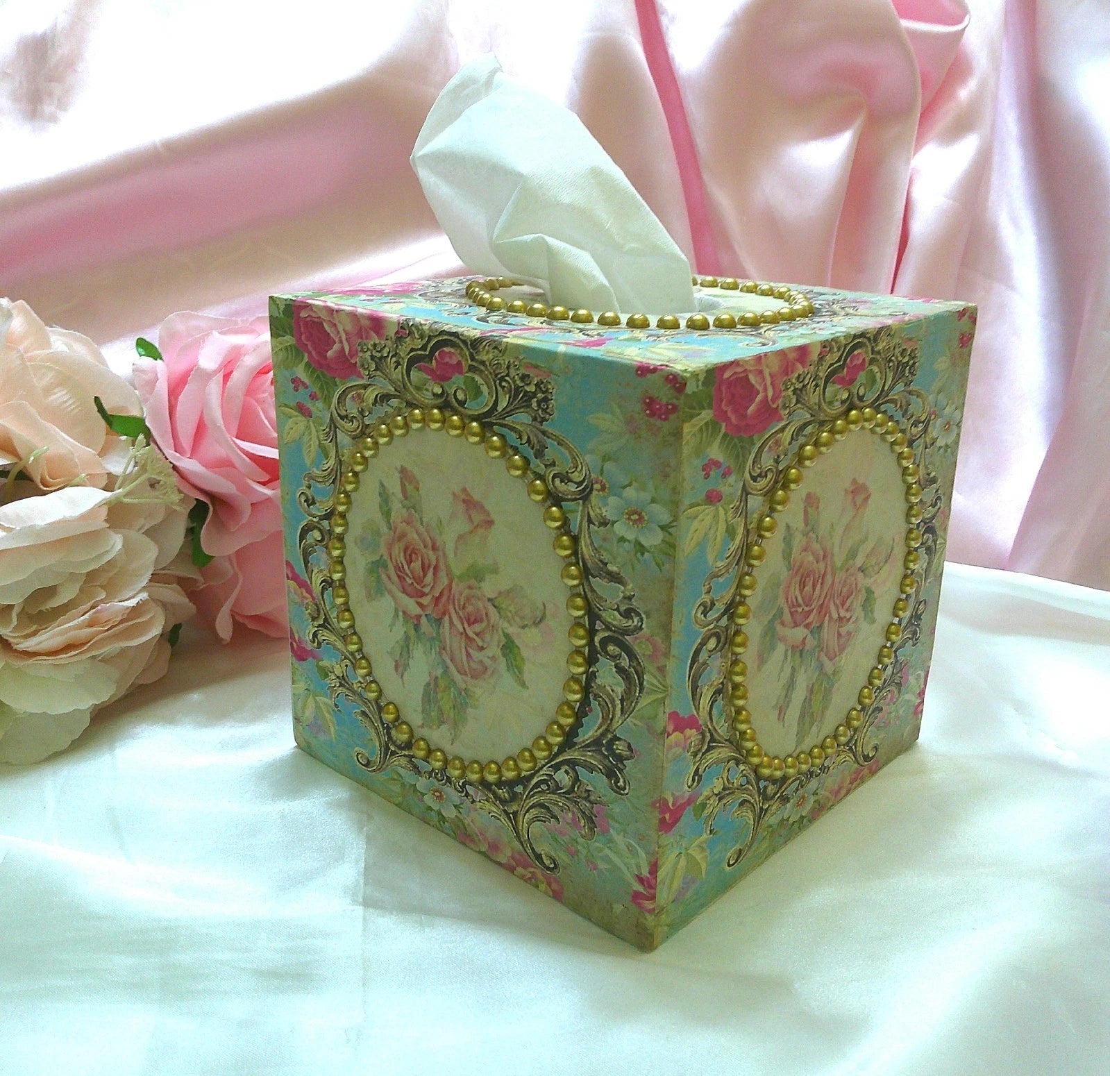 Shabby Chic Victorian Tissue Box Cover~Custom Design w/Gold Beaded Trim~Roses | eBay