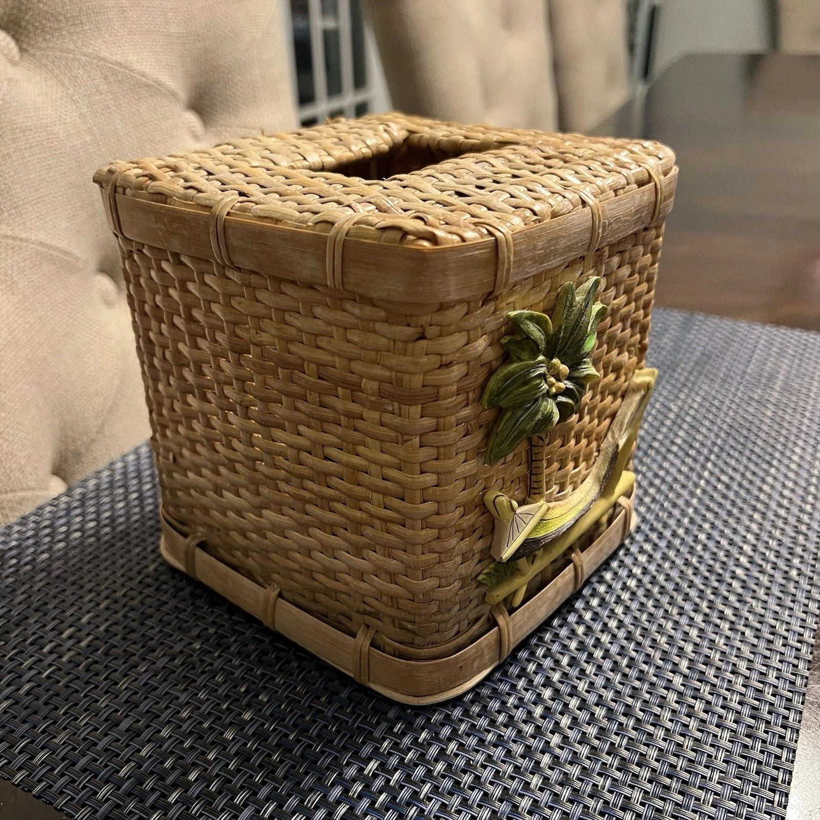 Vintage Wicker Tissue Box Cover Palm Tree Hammock Rattan Beach Boho | eBay