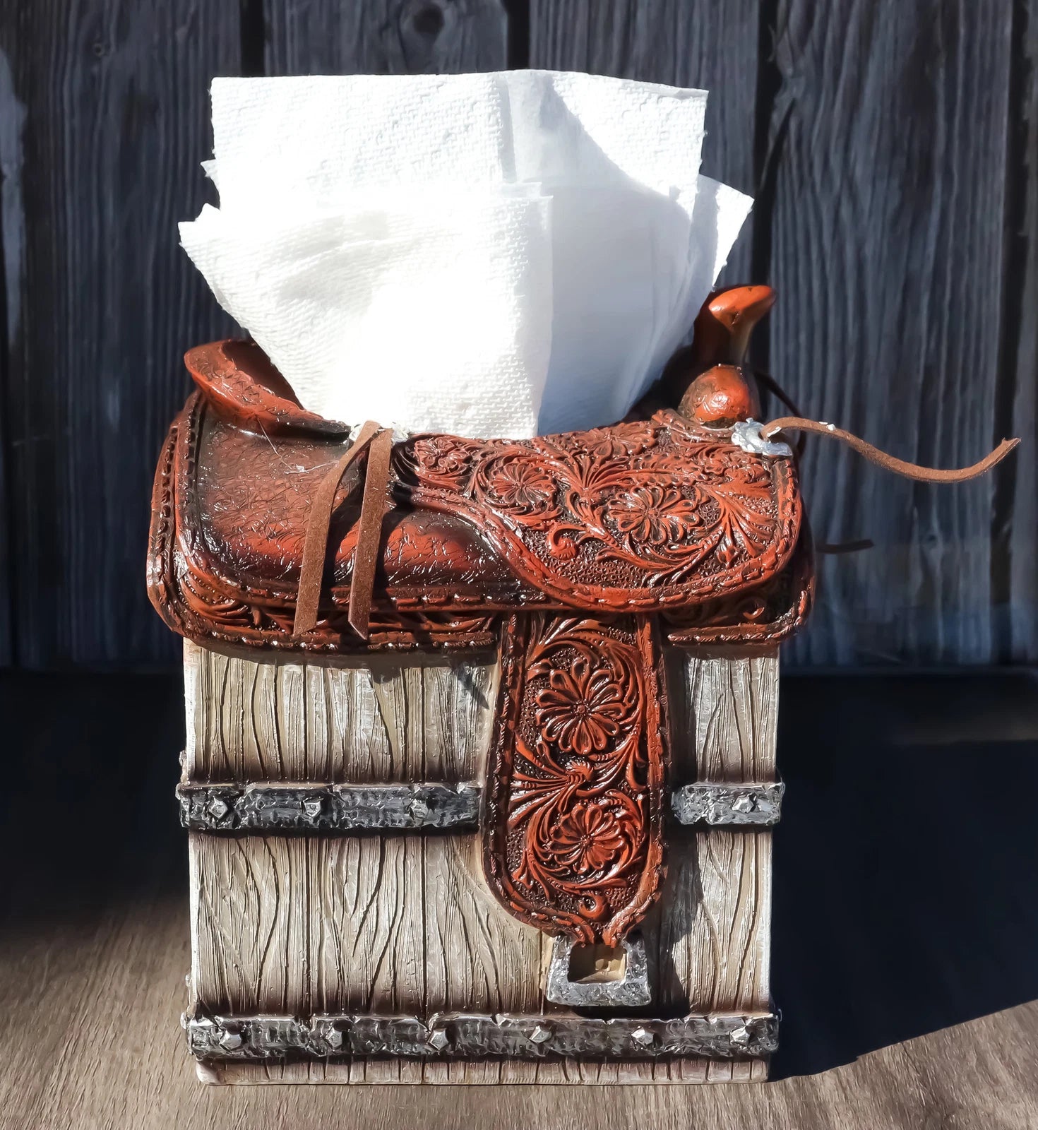 Rustic Western Faux Leather Cowboy Horse Saddle On Crate Tissue Box Holder Cover | eBay