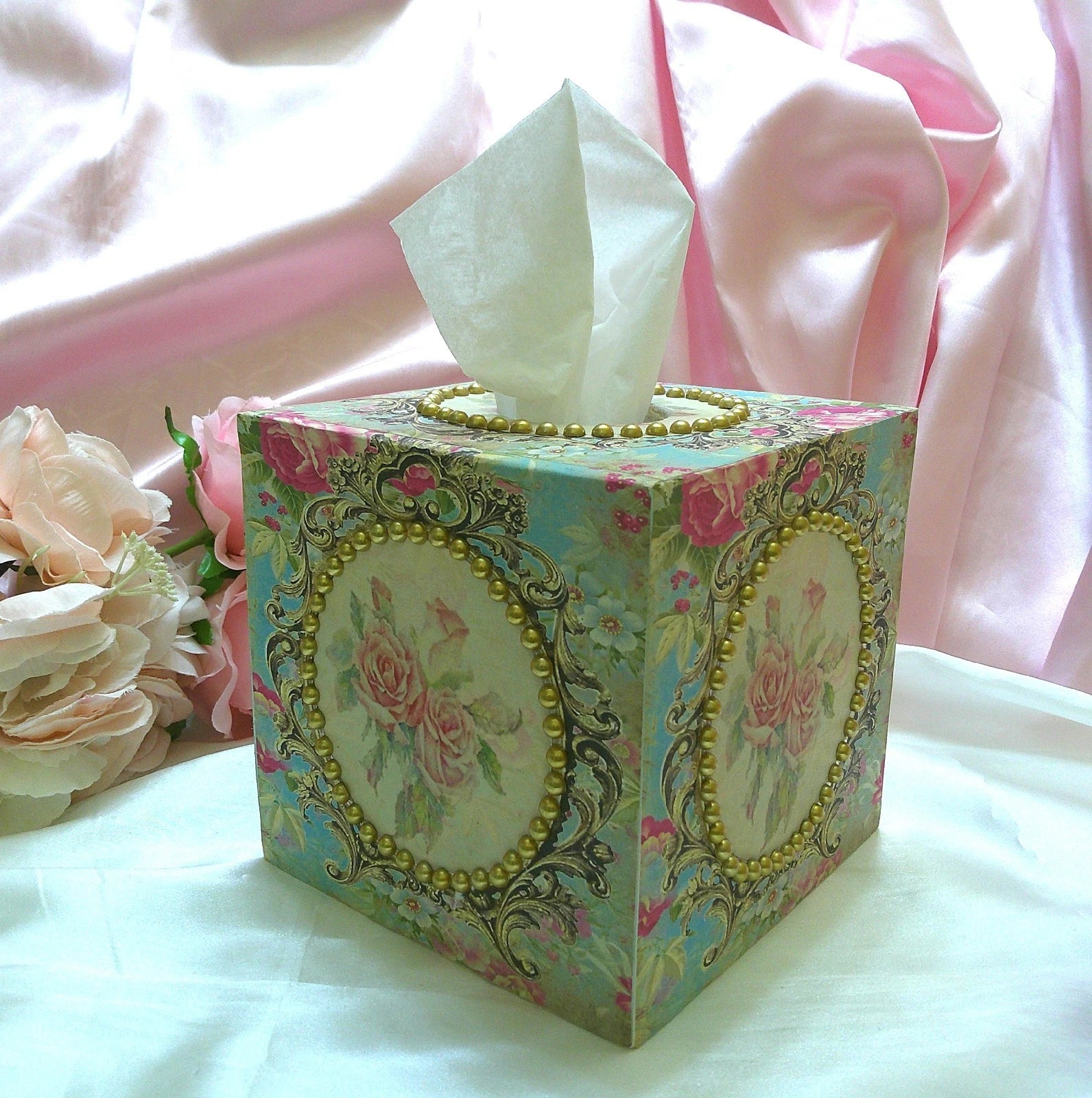 Shabby Chic Victorian Tissue Box Cover~Custom Design w/Gold Beaded Trim~Roses | eBay
