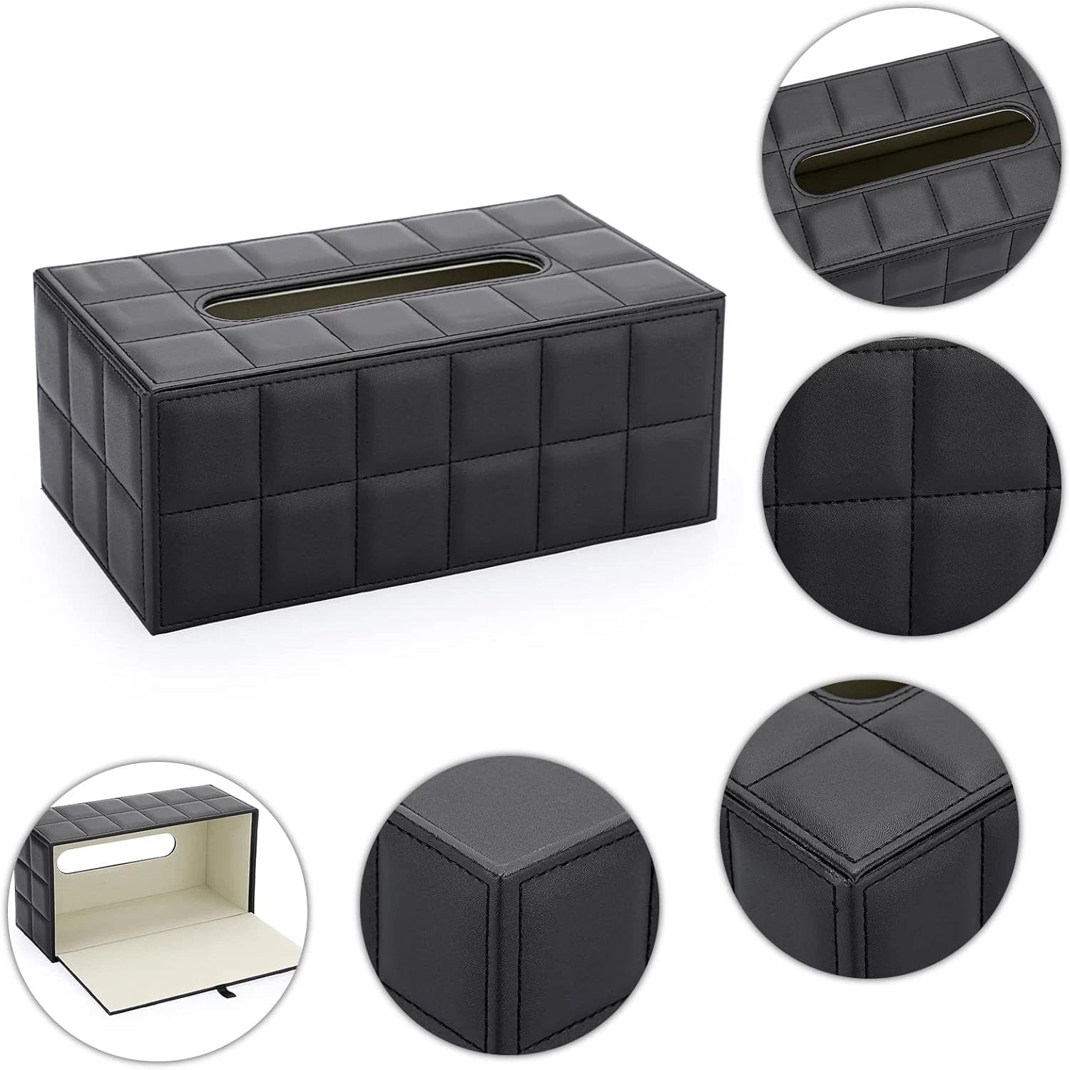 Sumnacon Rectangular Leather Tissue Box Cover - Medium, Black With Grid | eBay