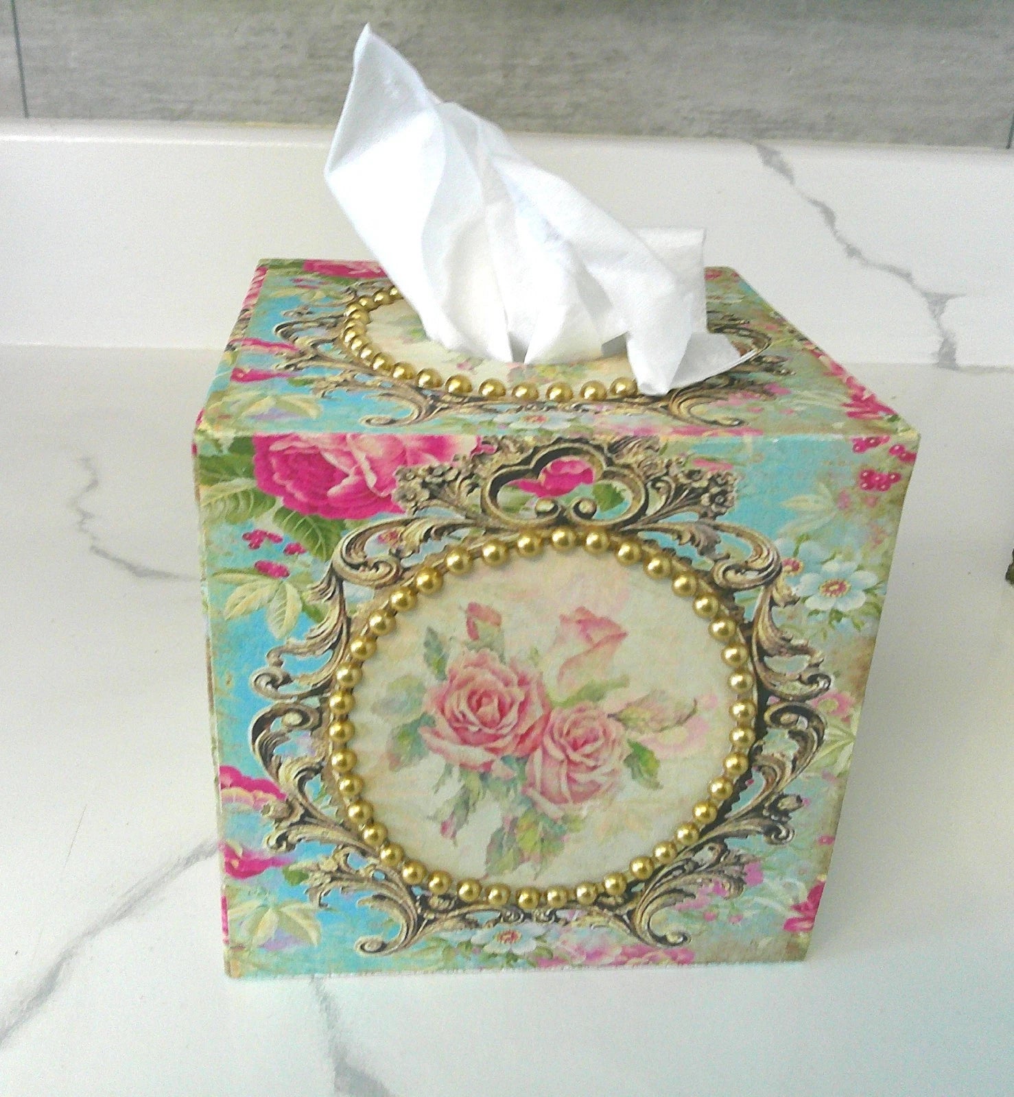 Shabby Chic Victorian Tissue Box Cover~Custom Design w/Gold Beaded Trim~Roses | eBay