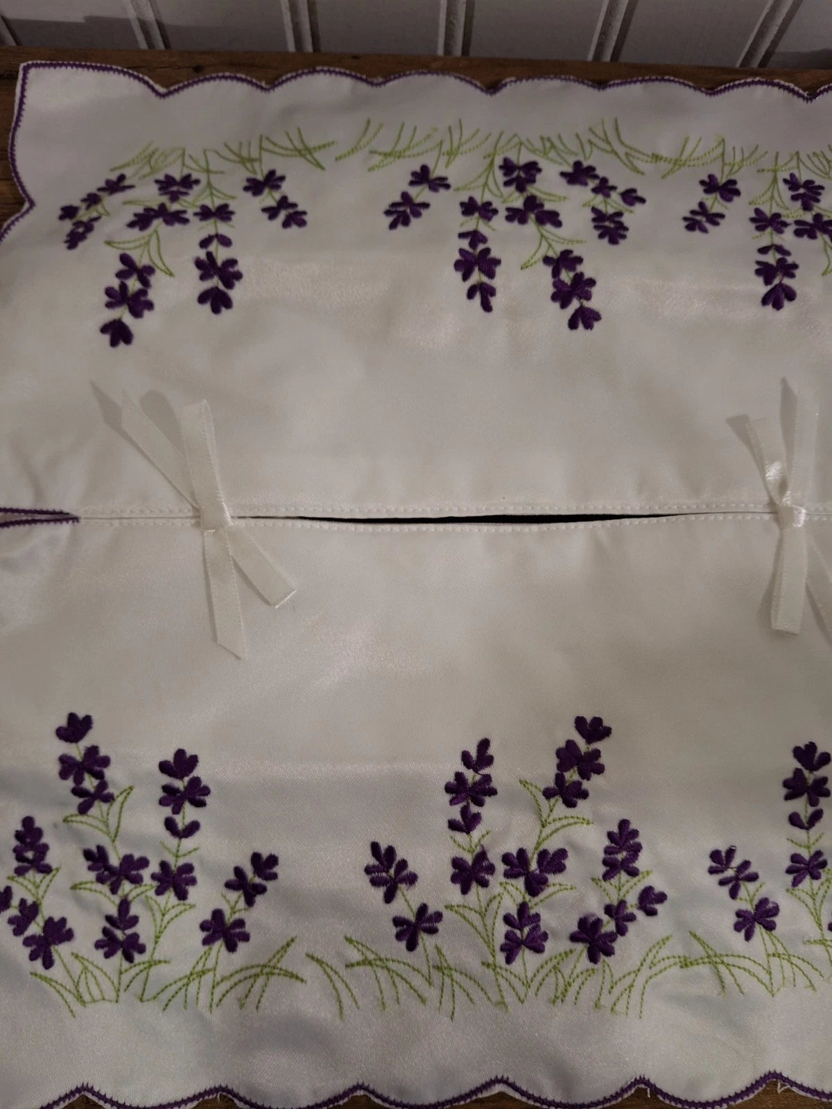 Vintage Handmade Tissue Box Cover Embroidered Purple Flowers White Satin Granny | eBay