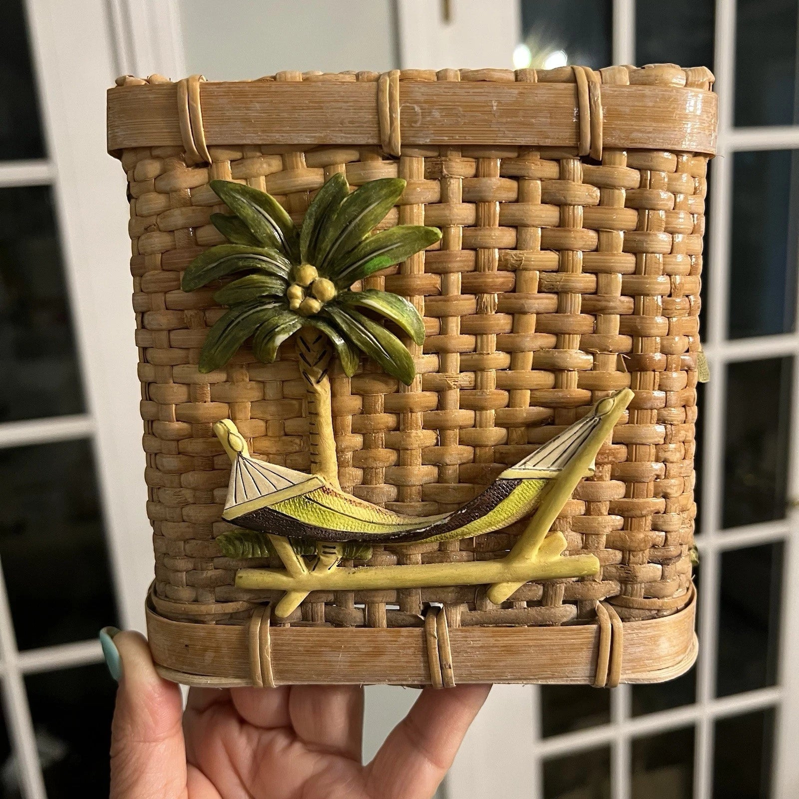 Vintage Wicker Tissue Box Cover Palm Tree Hammock Rattan Beach Boho | eBay