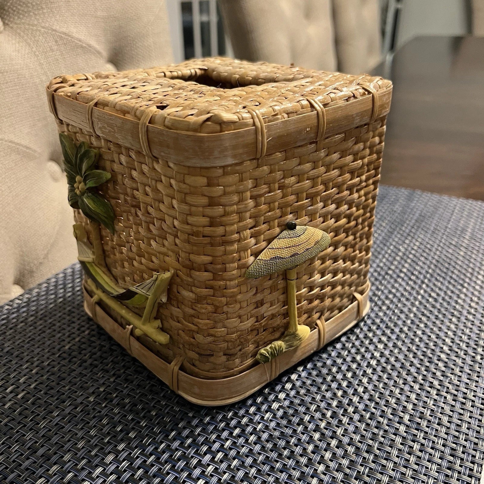 Vintage Wicker Tissue Box Cover Palm Tree Hammock Rattan Beach Boho | eBay