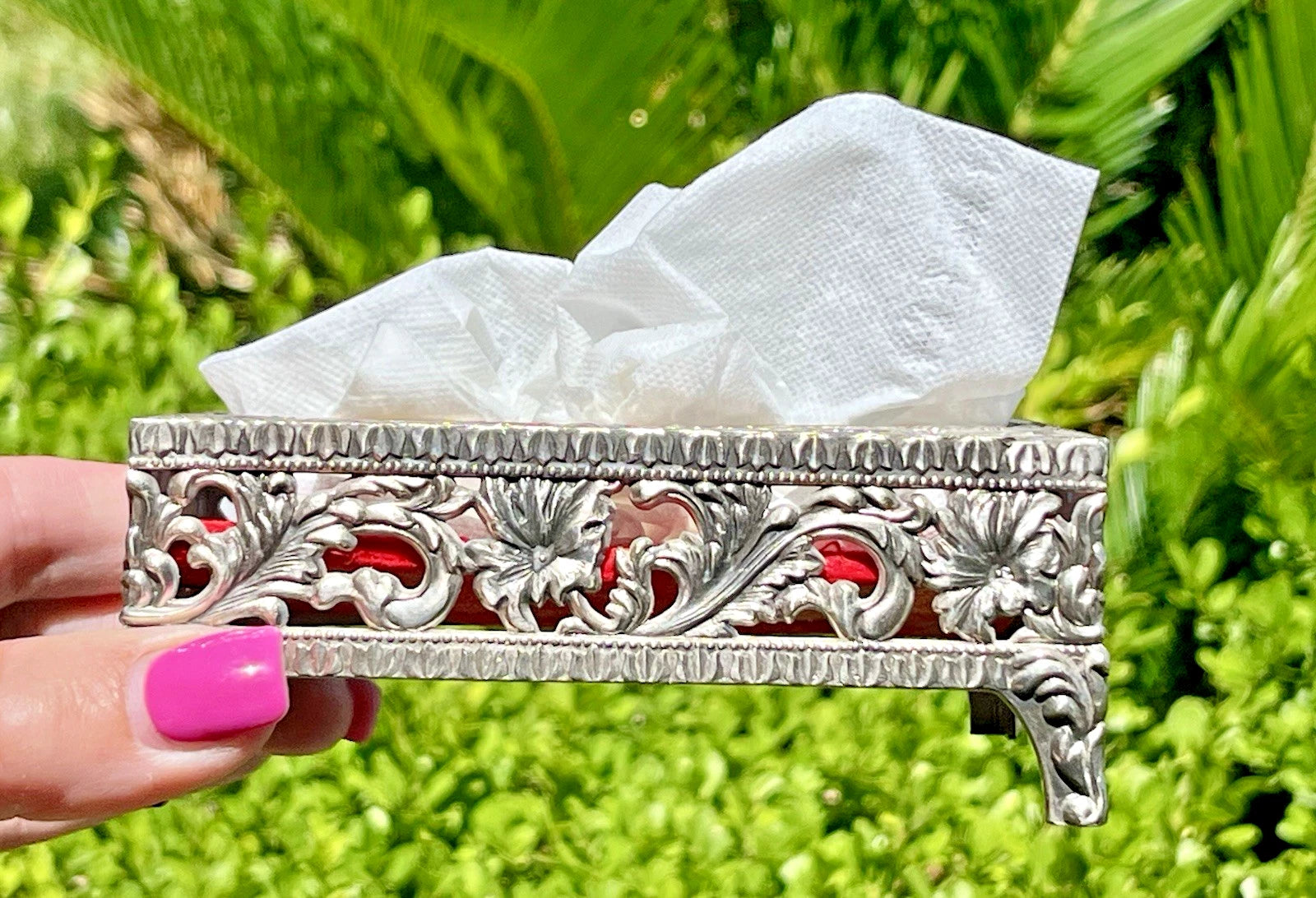 VTG Small Footed Pocket Tissue Holder Box Ornate Silver Tone Hollywood Regency | eBay