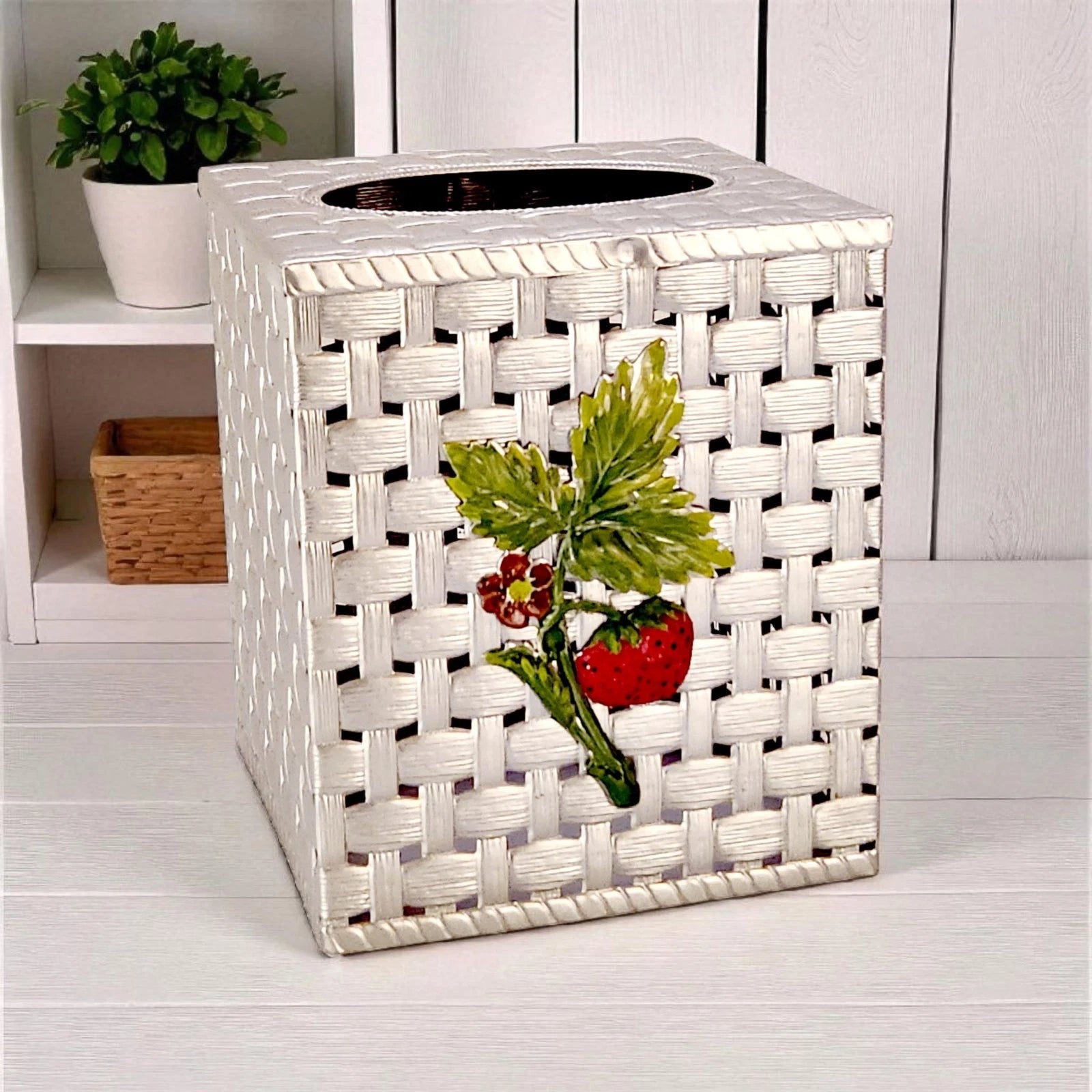 VTG Tissue Box Cover Square Silver Woven Metal Painted Strawberries Cottagecore | eBay