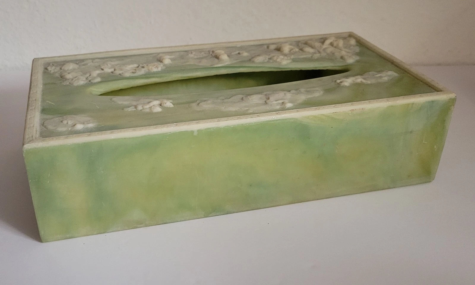 Vintage Tissue Box Cover Green With White Raised Details Incolay Stone Cherubs | eBay