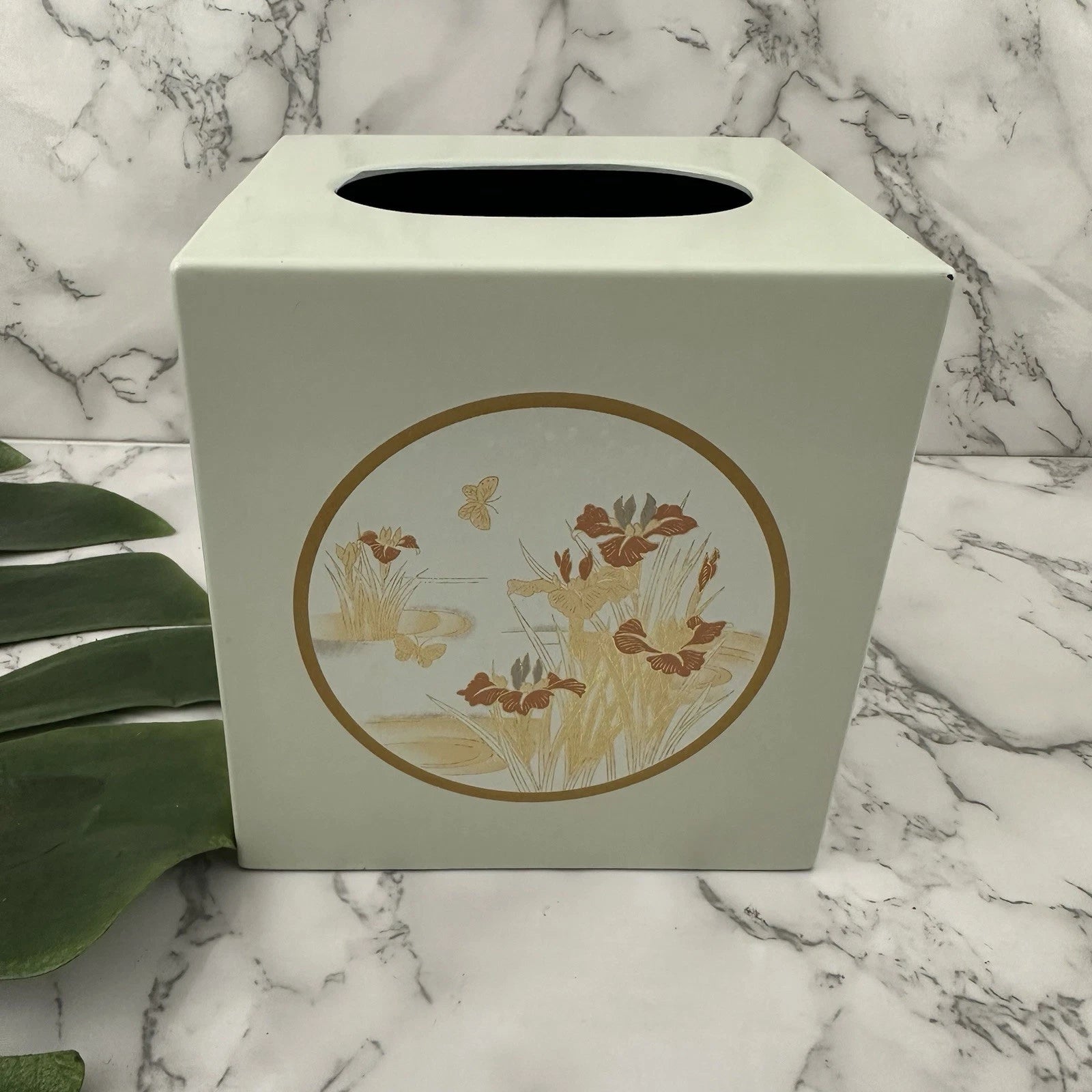 Vintage 90s Tissue Box Cover Cream Gold Butterfly Iris Flowers Cottage Decor | eBay