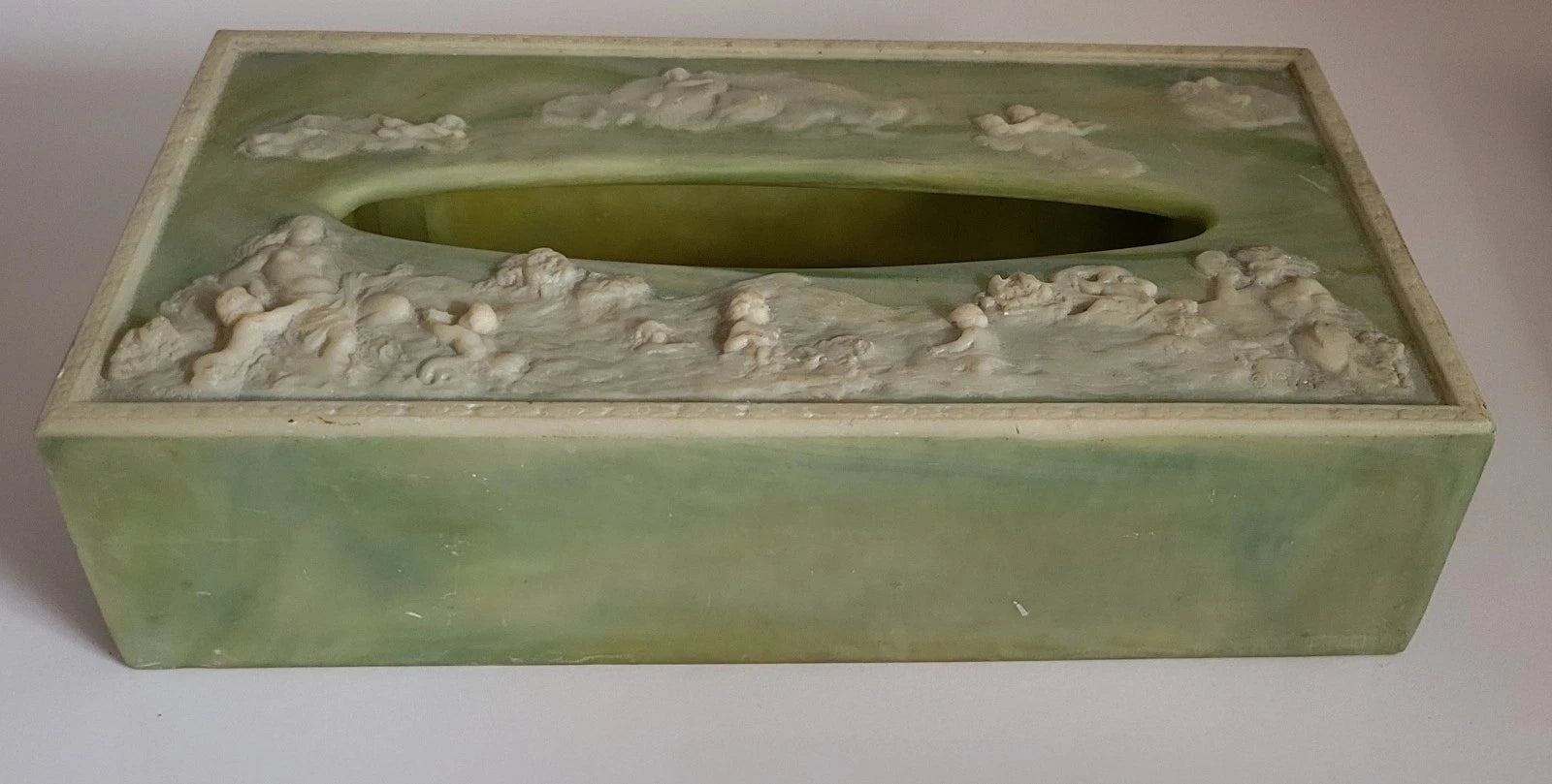 Vintage Tissue Box Cover Green With White Raised Details Incolay Stone Cherubs | eBay