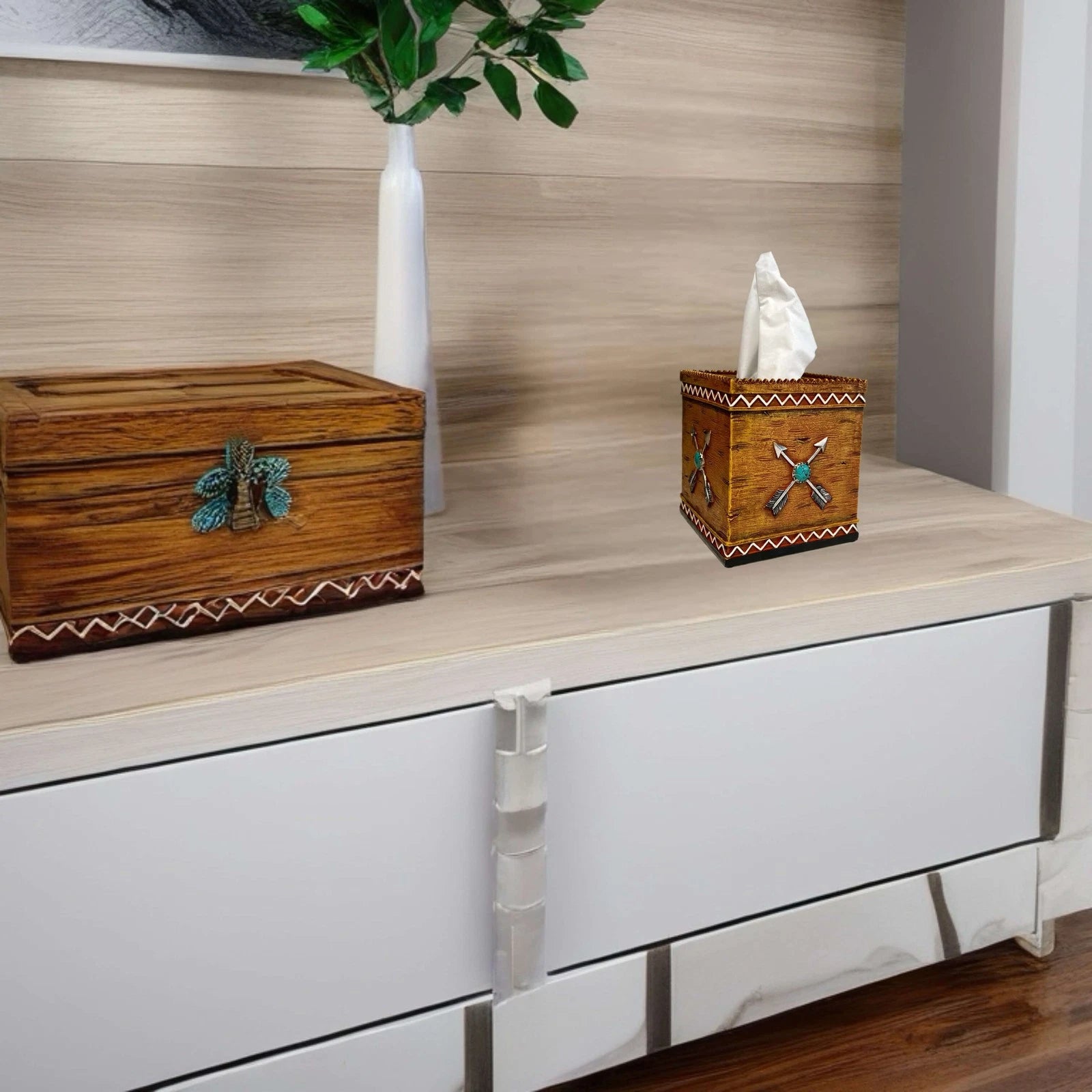 Southwest Style Square Tissue Box Cover Wood Look Crossed Arrows Turquoise | eBay