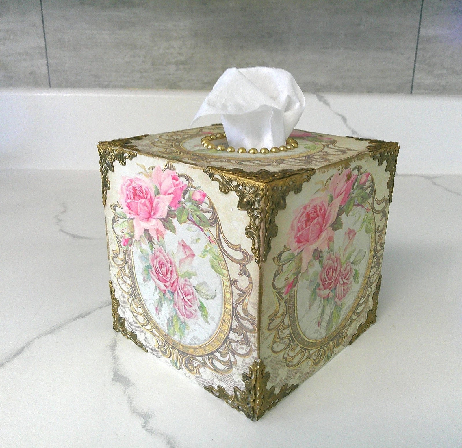 Shabby Chic Victorian Tissue Box Cover~Custom Design w/Filigree Accents~Roses | eBay