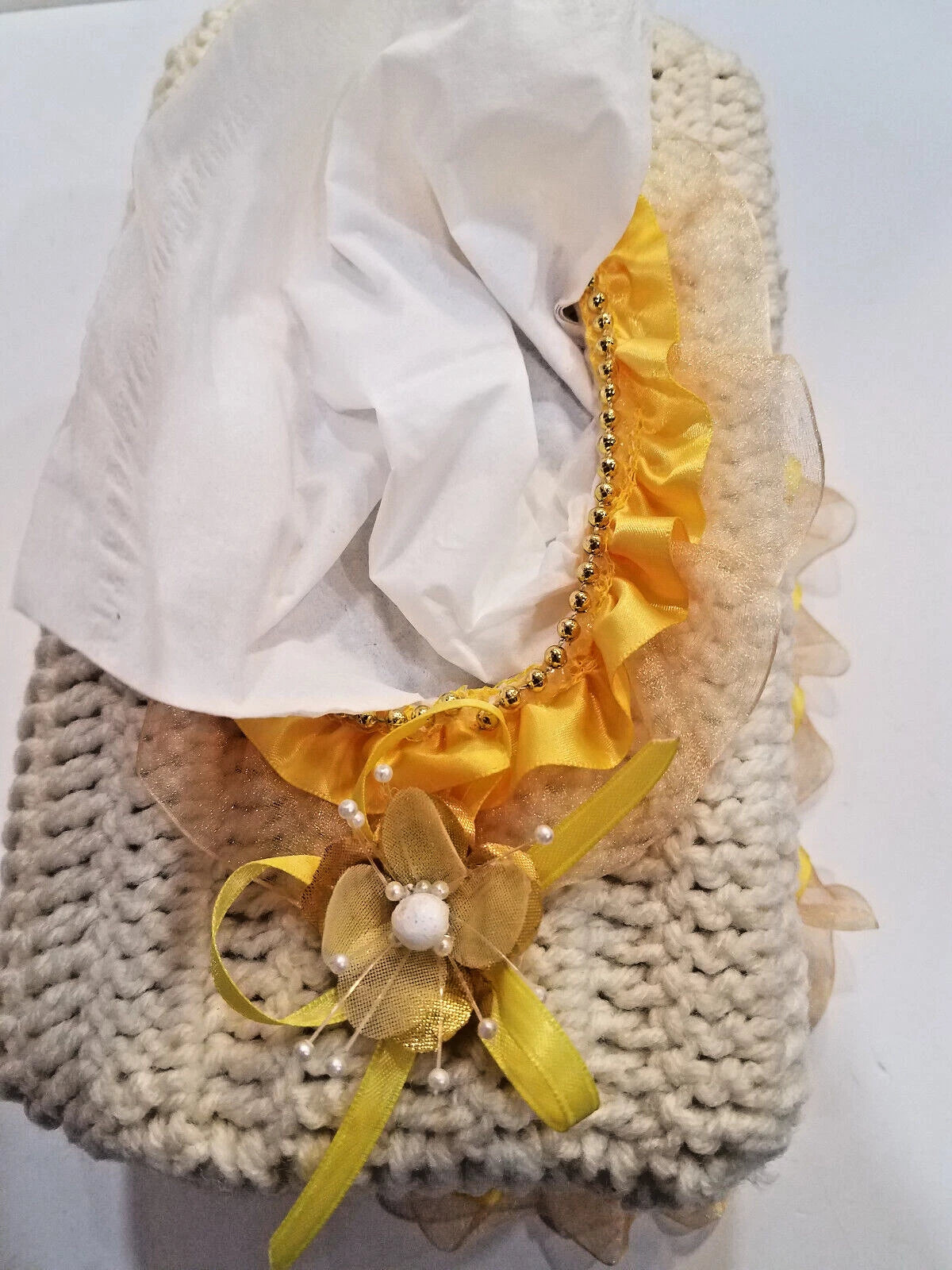 Rectangular Tissue Box Cover Cream & Yellow Crochet with Ribbons Lace & Beads | eBay