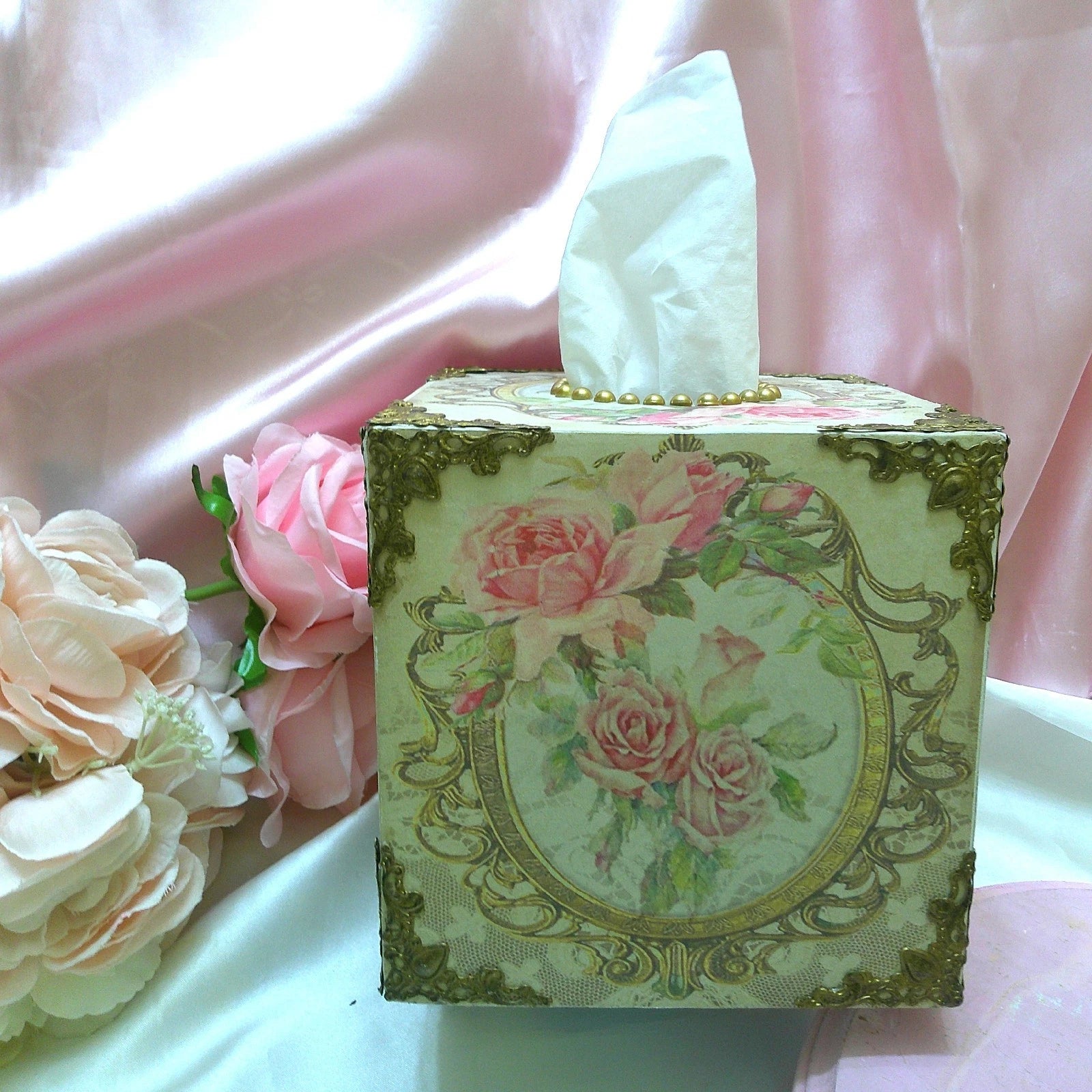 Shabby Chic Victorian Tissue Box Cover~Custom Design w/Filigree Accents~Roses | eBay