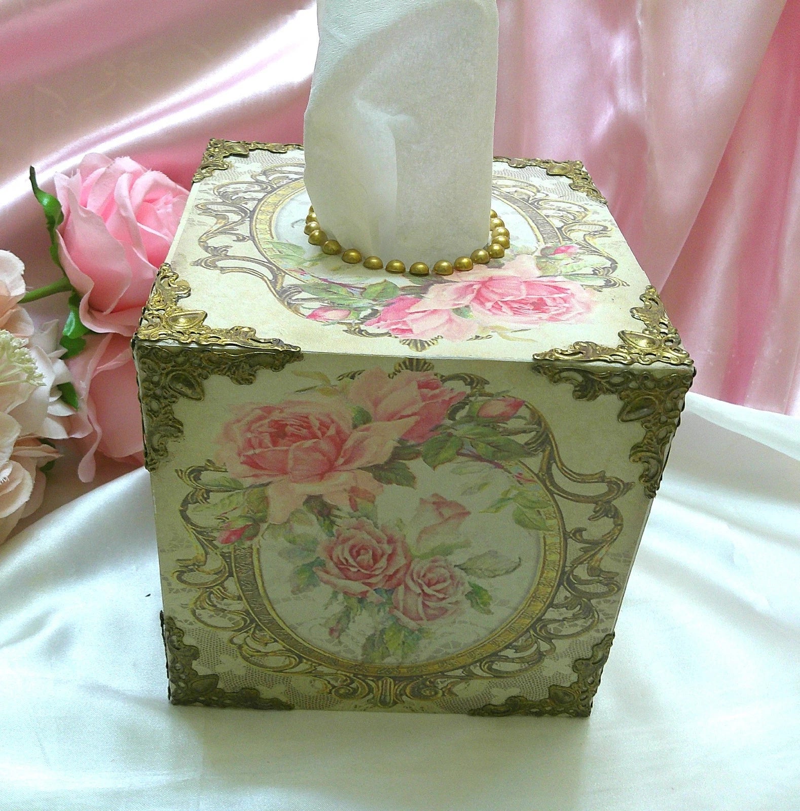 Shabby Chic Victorian Tissue Box Cover~Custom Design w/Filigree Accents~Roses | eBay